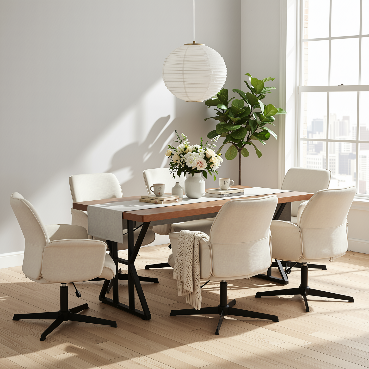Homy Casa Leonard+Thomasina 7PC Dining Set 63" Rectangular Table with Beige Chenille Swivel Chair