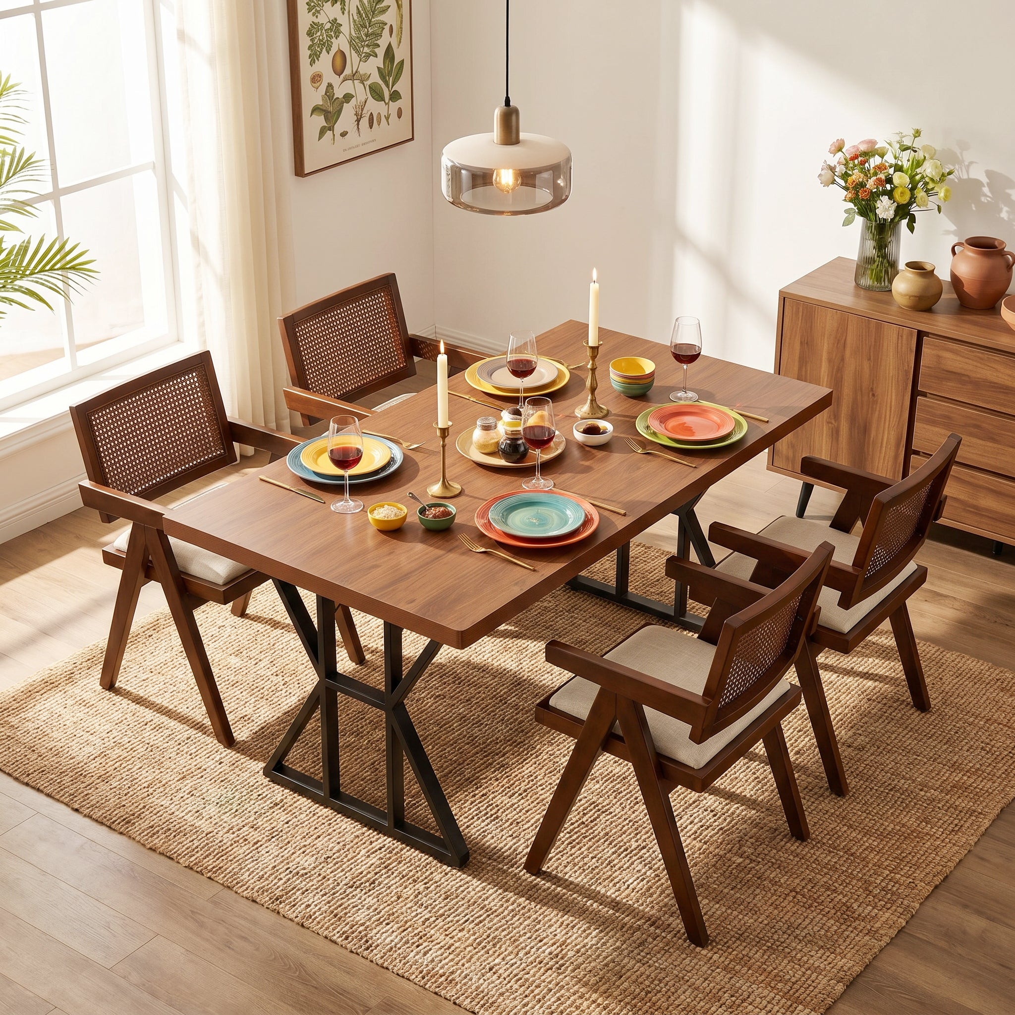 Homy Casa LEONARD+XUZIDS 5PC Dining Set 63" Table with 4 Beige Biscuit Upholstered Chairs Walnut Legs