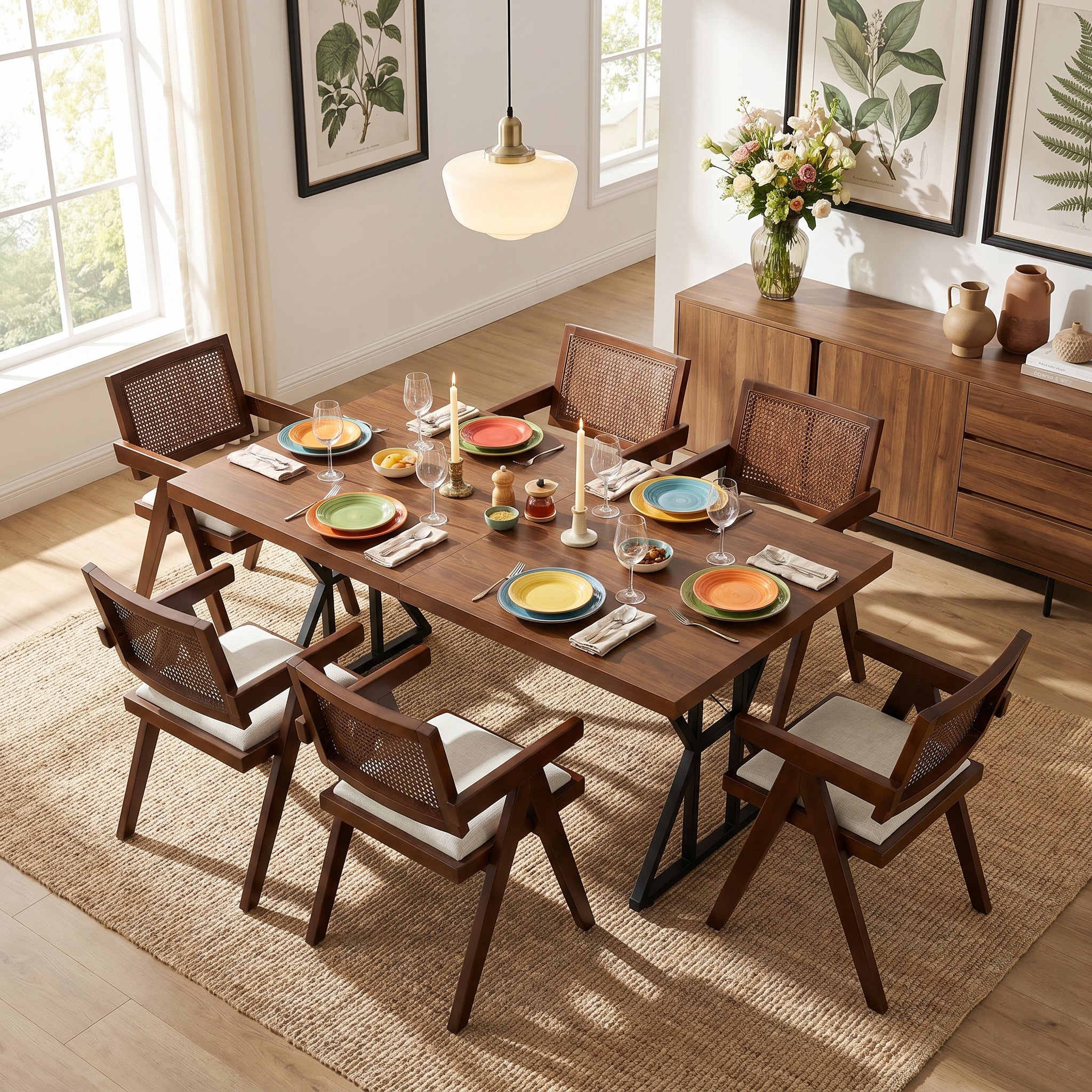 Homy Casa LEONARD+XUZIDS 7PC Dining Set 63" Table with 6 Beige Biscuit Upholstered Chairs Walnut Legs