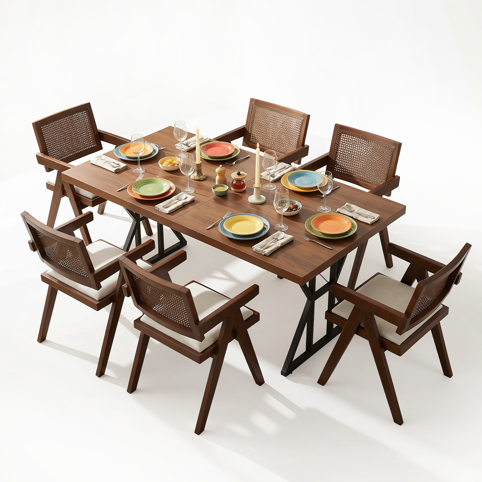 Homy Casa LEONARD+XUZIDS 7PC Dining Set 63" Table with 6 Beige Biscuit Upholstered Chairs Walnut Legs