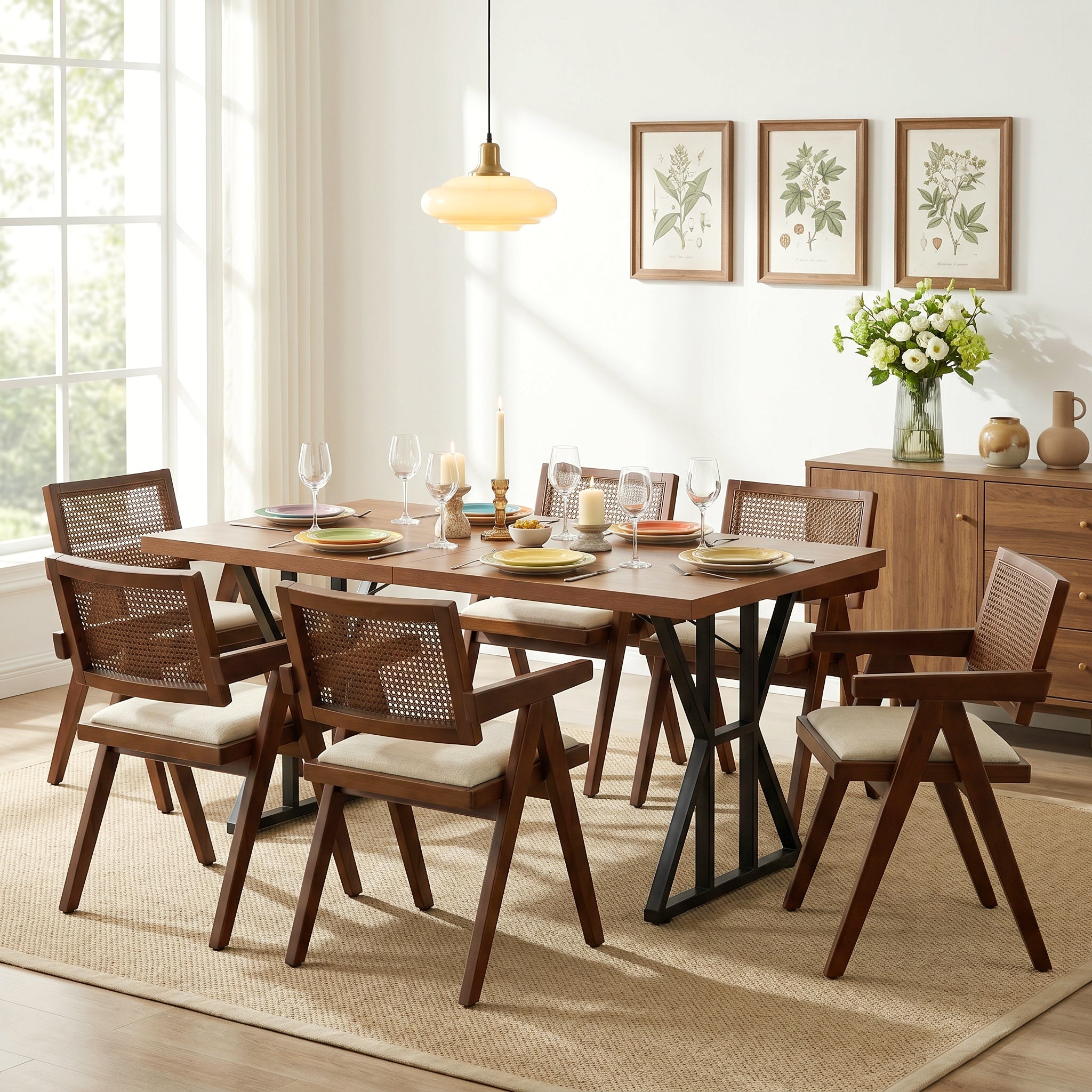 Homy Casa LEONARD+XUZIDS 7PC Dining Set 63" Table with 6 Beige Biscuit Upholstered Chairs Walnut Legs
