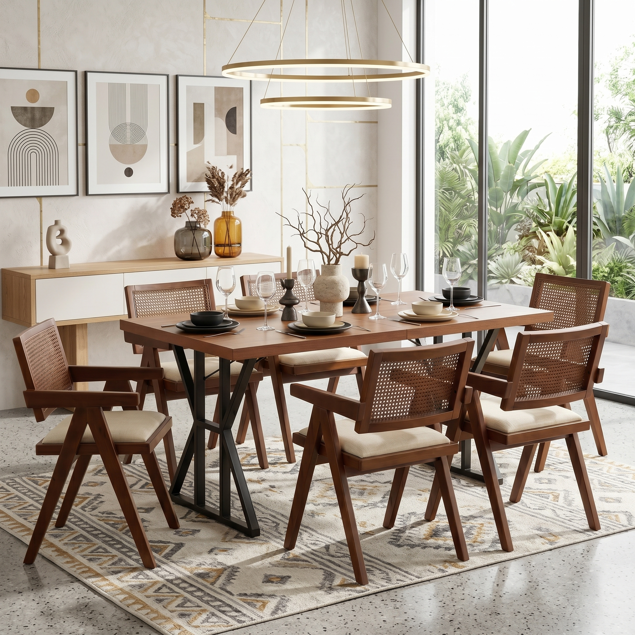 Homy Casa LEONARD+XUZIDS 7PC Dining Set 63" Table with 6 Beige Biscuit Upholstered Chairs Walnut Legs