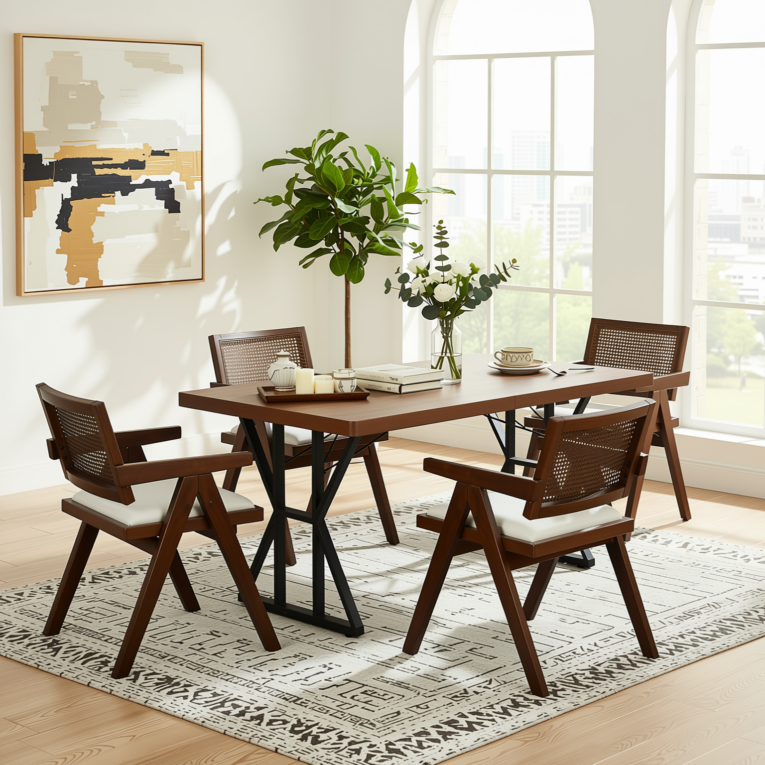 Homy Casa LEONARD+XUZIDS 5PC Dining Set 63" Table with 4 Beige Biscuit Upholstered Chairs Walnut Legs