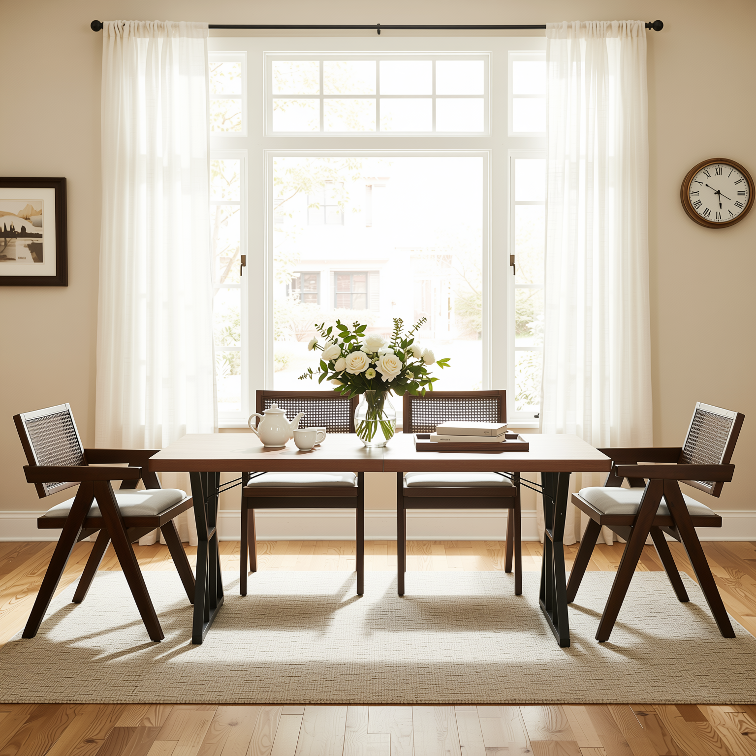Homy Casa LEONARD+XUZIDS 5PC Dining Set 63" Table with 4 Beige Biscuit Upholstered Chairs Walnut Legs