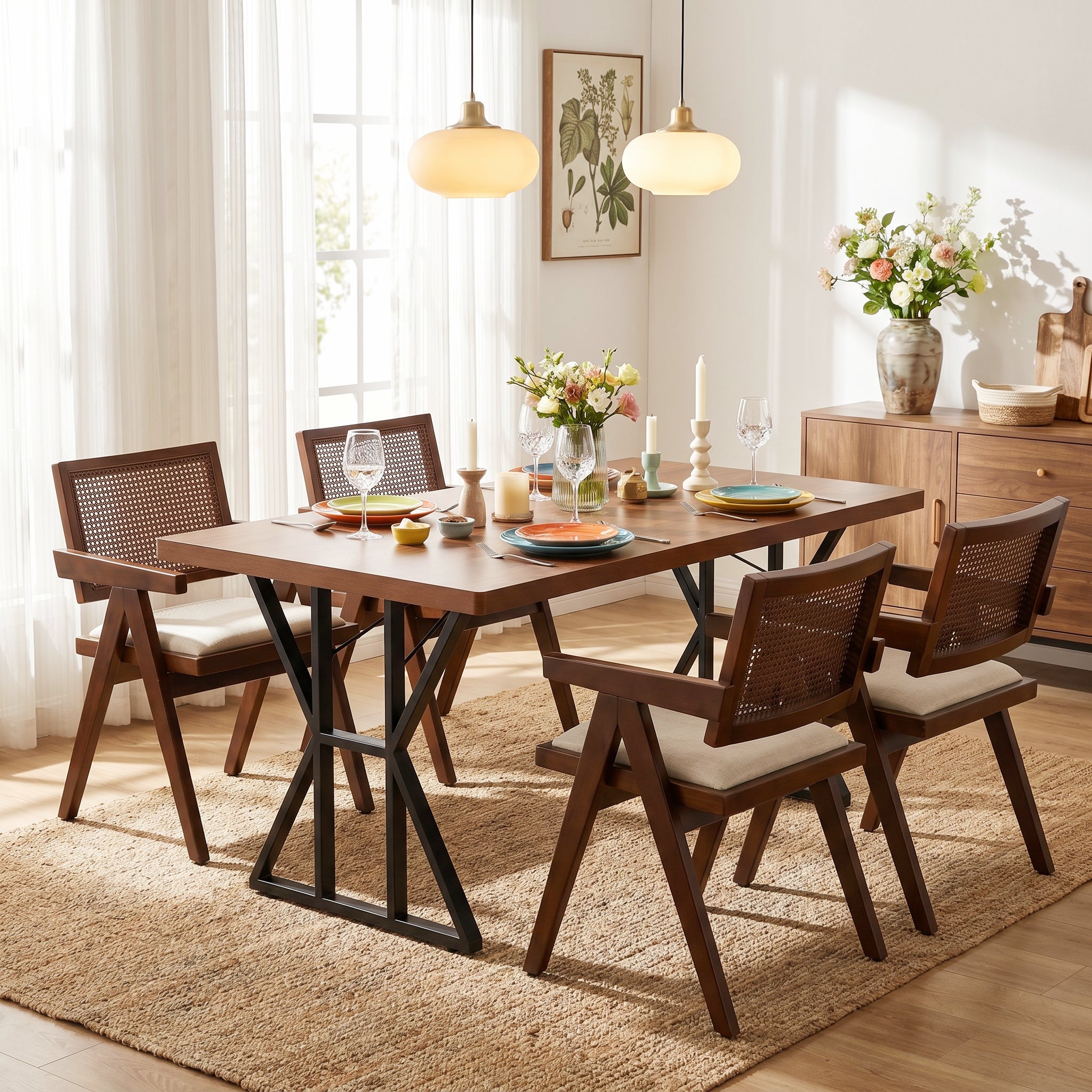 Homy Casa LEONARD+XUZIDS 5PC Dining Set 63" Table with 4 Beige Biscuit Upholstered Chairs Walnut Legs