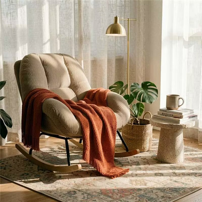 Homy Casa Corduroy Rocking Accent Chair, Fabric Upholstered Rocking Chair, Rocking Armchair, Grey