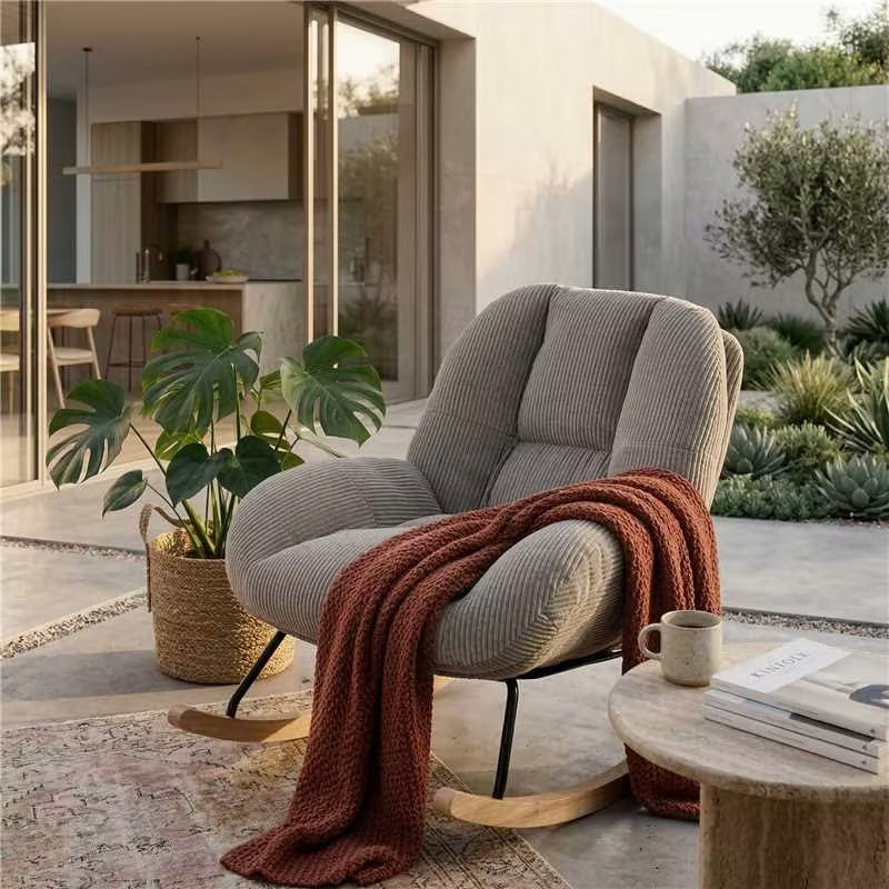 Homy Casa Corduroy Rocking Accent Chair, Fabric Upholstered Rocking Chair, Rocking Armchair, Grey