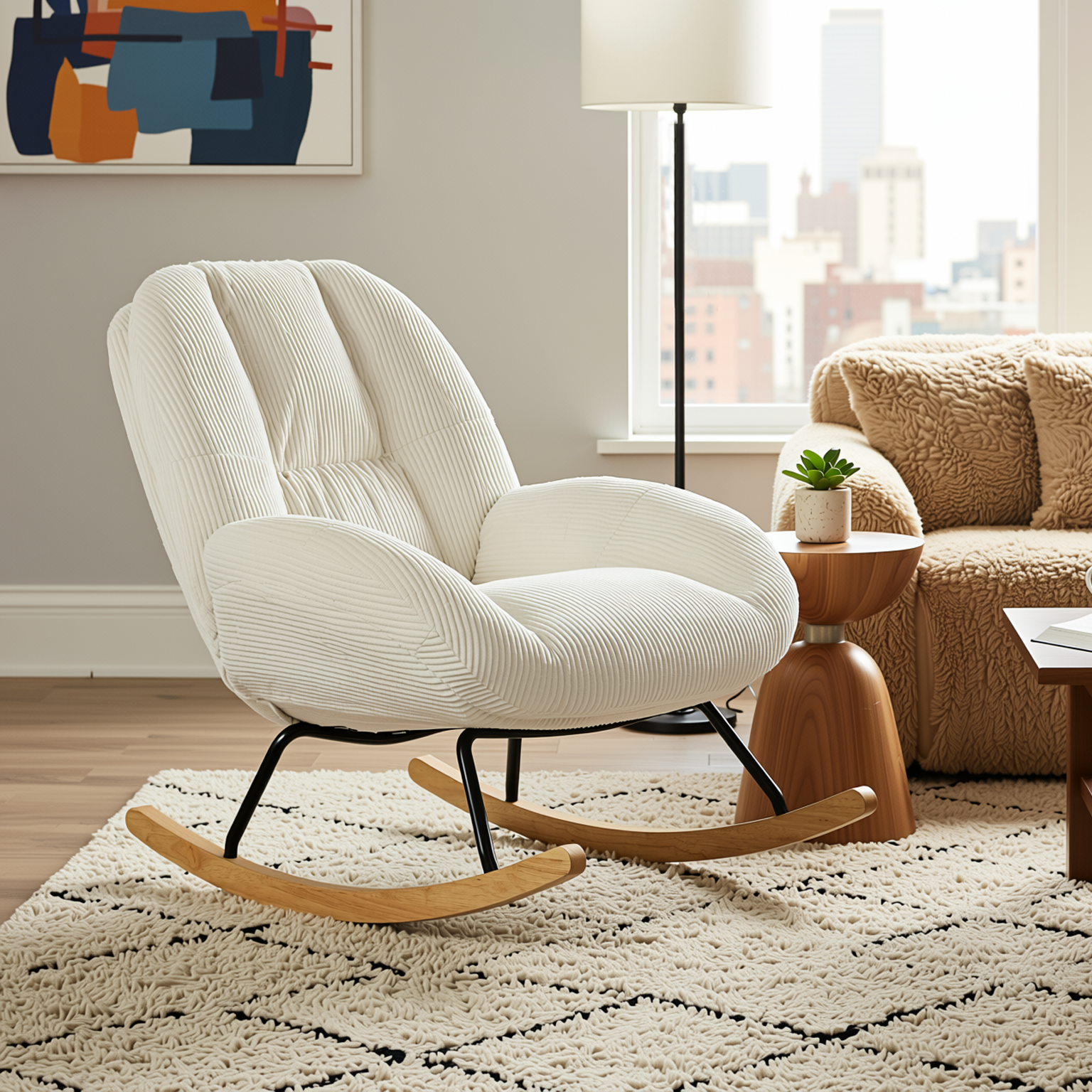 Durham Modular Loveseat Sofa with LITHOPS Beige Rocking Accent Chair and MANDI III 4-Piece White Modular Cubby Bookcase Set