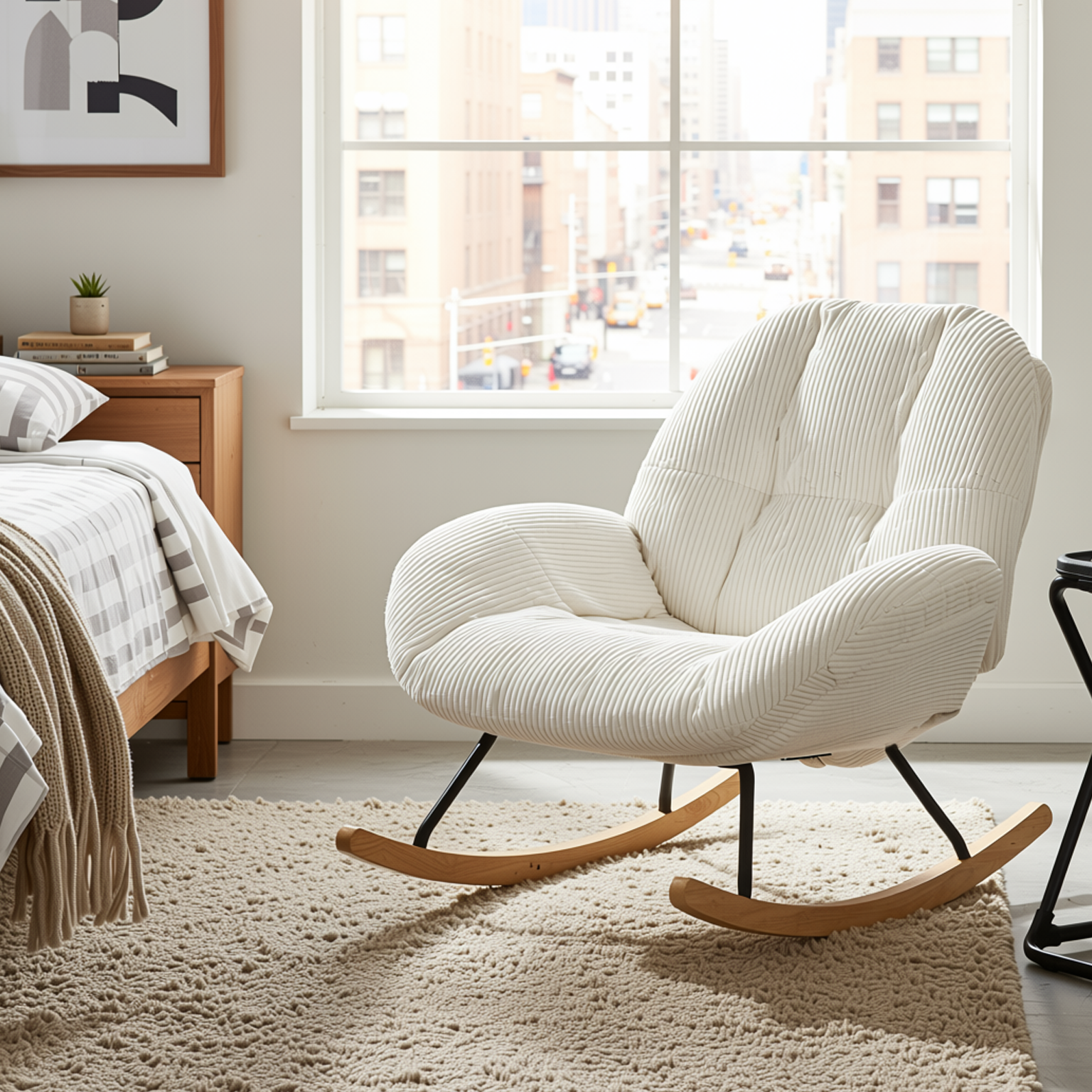 Durham Modular Loveseat Sofa with LITHOPS Beige Rocking Accent Chair and MANDI III 3-Piece White Modular Cubby Bookcase Set