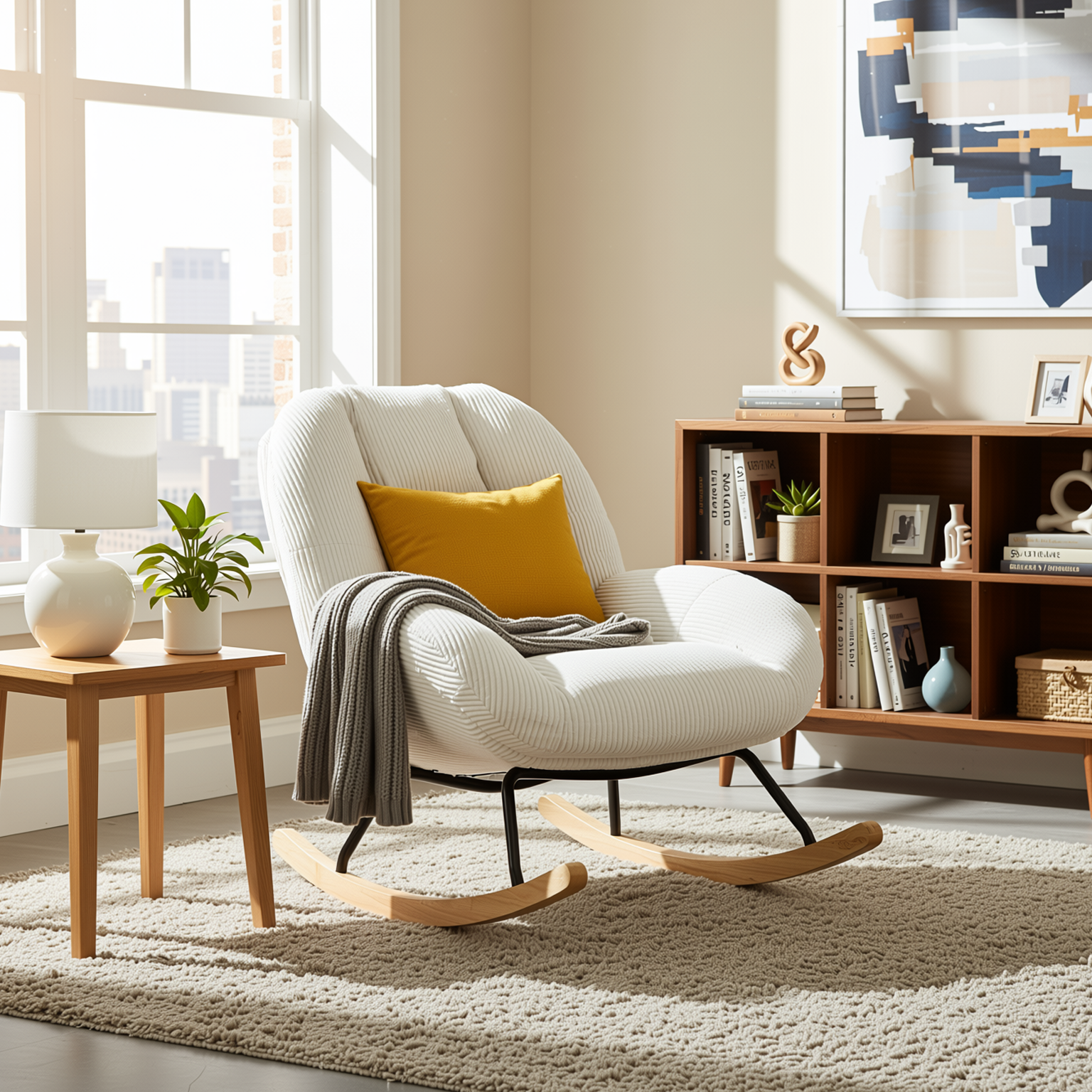 Homy Casa LITHOPS CORDUROY BEIGE Rocking Armchair for Living Room or Bedroom