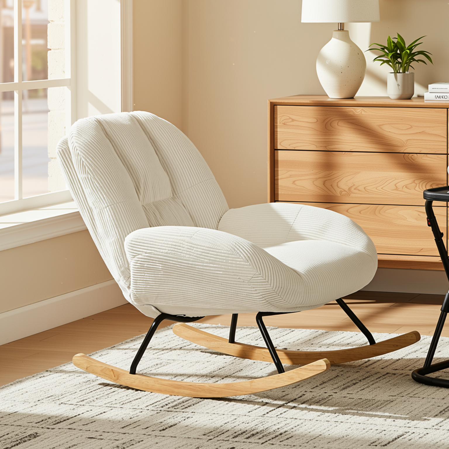 Durham Modular Loveseat Sofa with LITHOPS Beige Rocking Accent Chair and MANDI III 3-Piece White Modular Cubby Bookcase Set