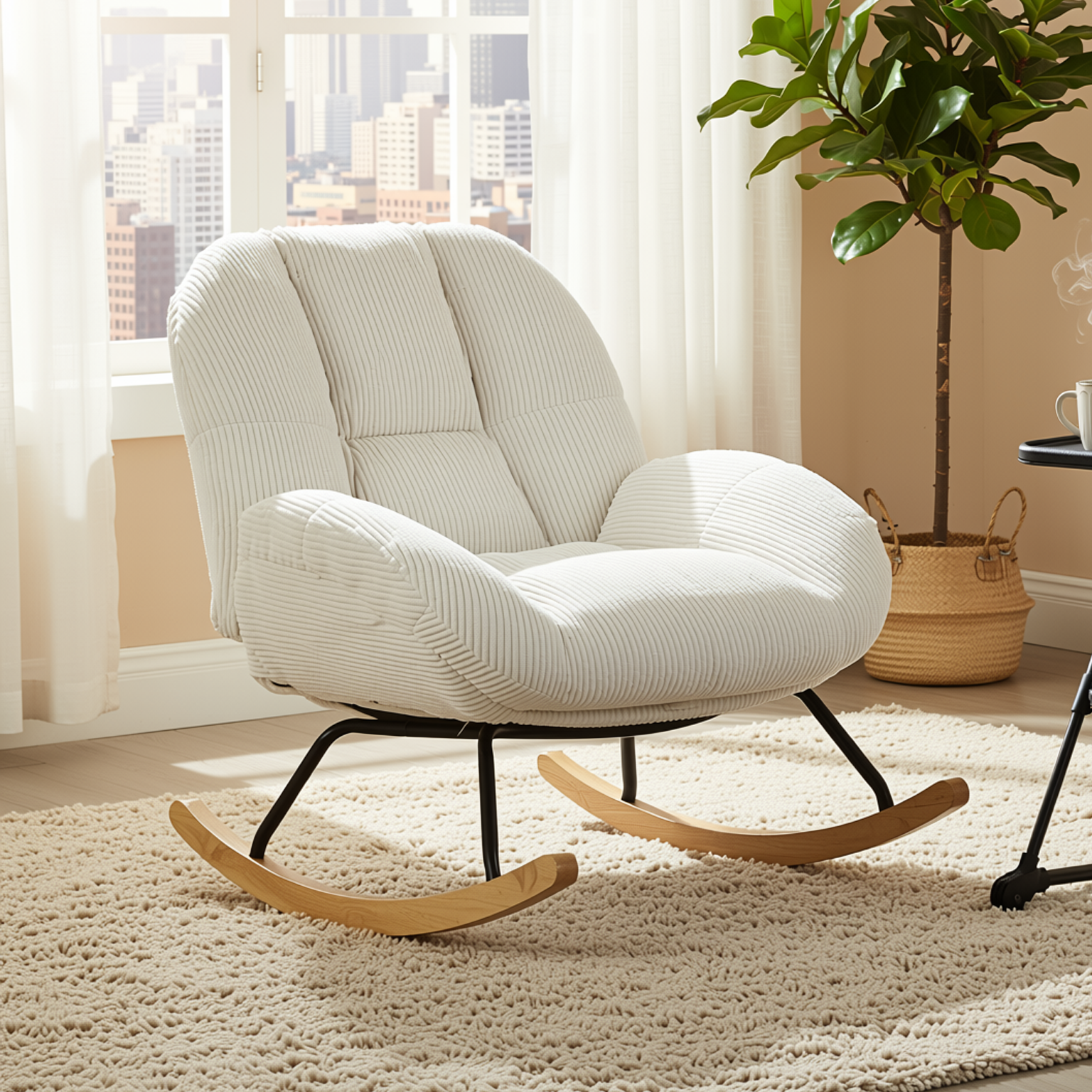 Durham Modular Loveseat Sofa with LITHOPS Beige Rocking Accent Chair and MANDI III 3-Piece White Modular Cubby Bookcase Set