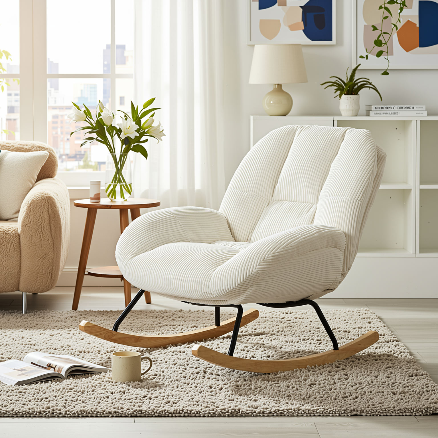 Durham Modular Loveseat Sofa with LITHOPS Beige Rocking Accent Chair and MANDI III 4-Piece White Modular Cubby Bookcase Set