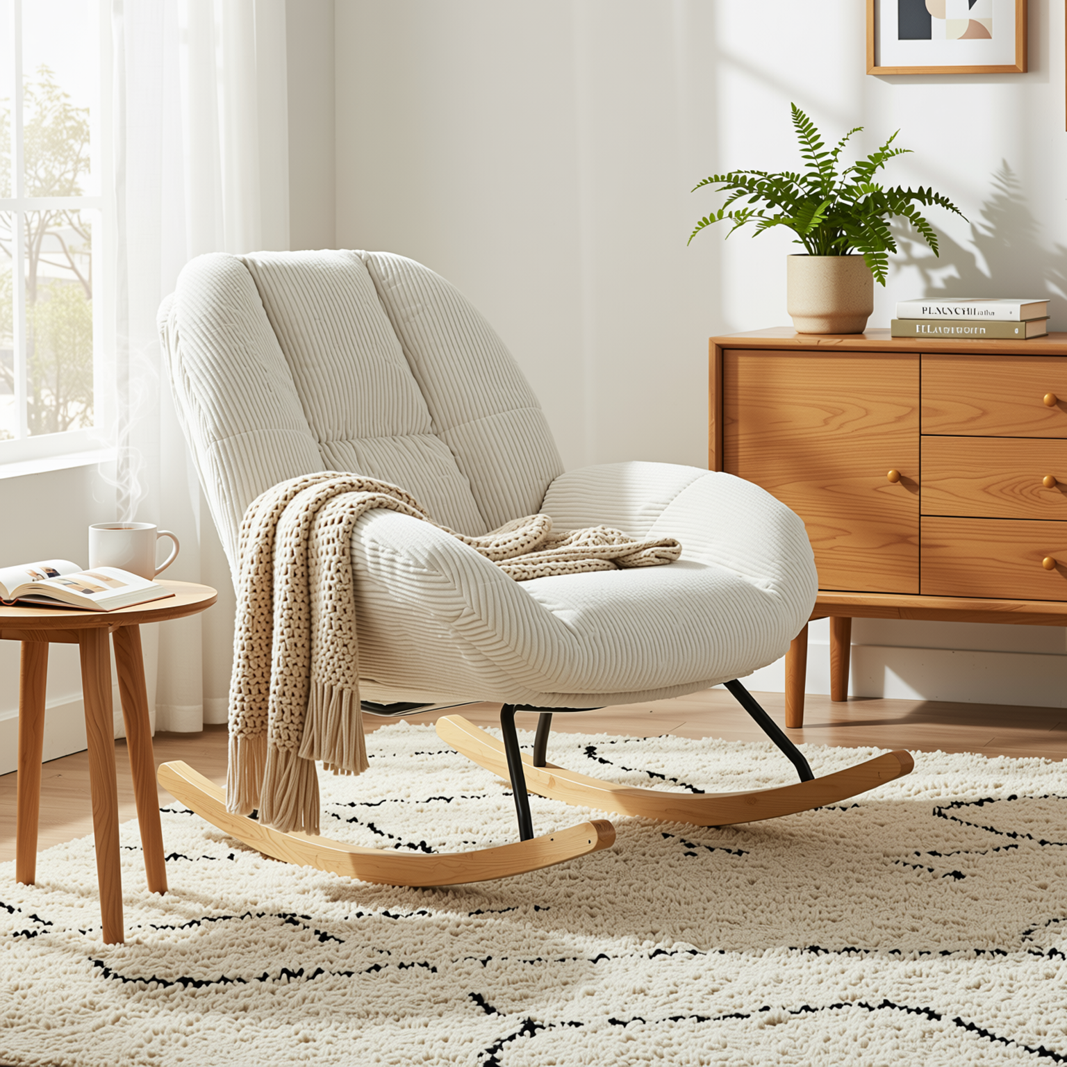 Durham Modular Loveseat Sofa with LITHOPS Beige Rocking Accent Chair and MANDI II 3-Piece White Modular Cubby Bookcase Set