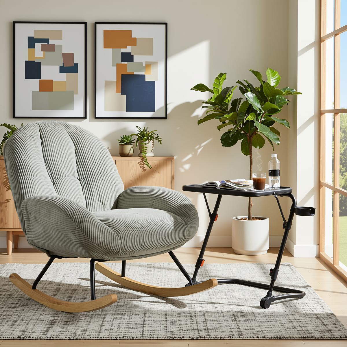 Homy Casa Lithops+Baseline Living Room Furniture Set Grey Corduroy Rocking Chair and Adjustable Black Tray Coffee Table
