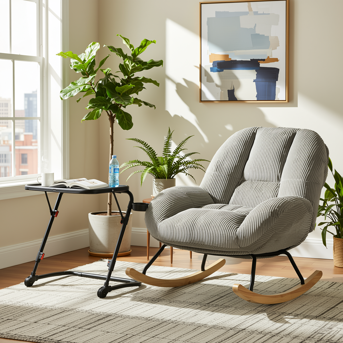 Homy Casa Lithops+Baseline Living Room Furniture Set Grey Corduroy Rocking Chair and Adjustable Black Tray Coffee Table