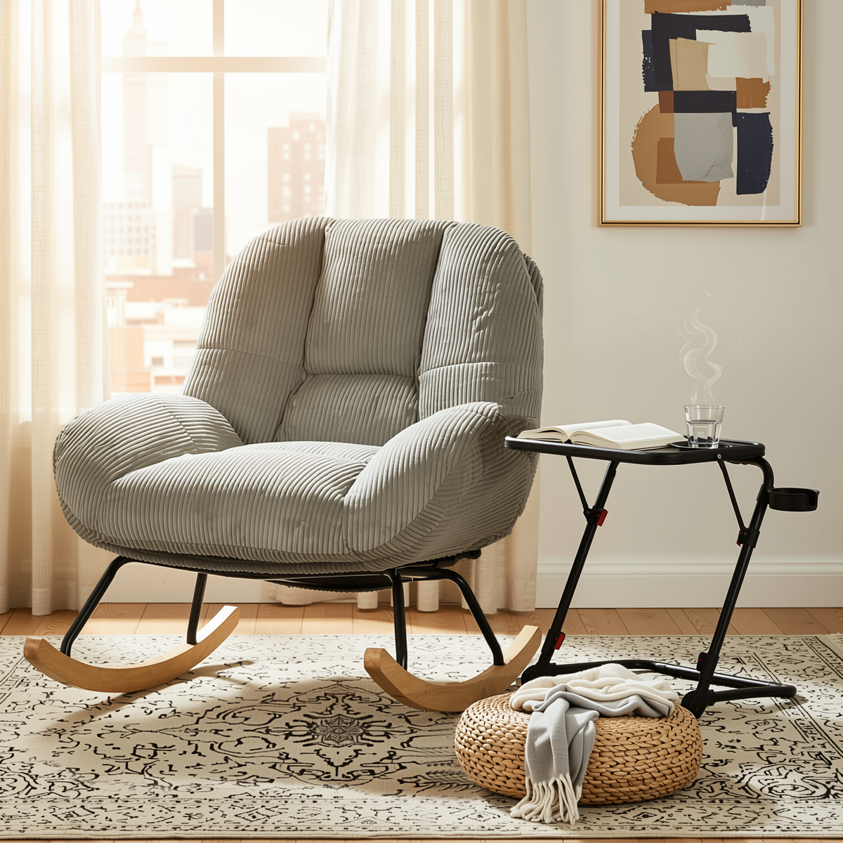 Homy Casa Lithops+Baseline Living Room Furniture Set Grey Corduroy Rocking Chair and Adjustable Black Tray Coffee Table