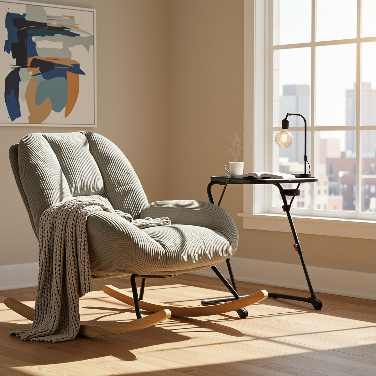 Homy Casa Lithops+Baseline Living Room Furniture Set Grey Corduroy Rocking Chair and Adjustable Black Tray Coffee Table