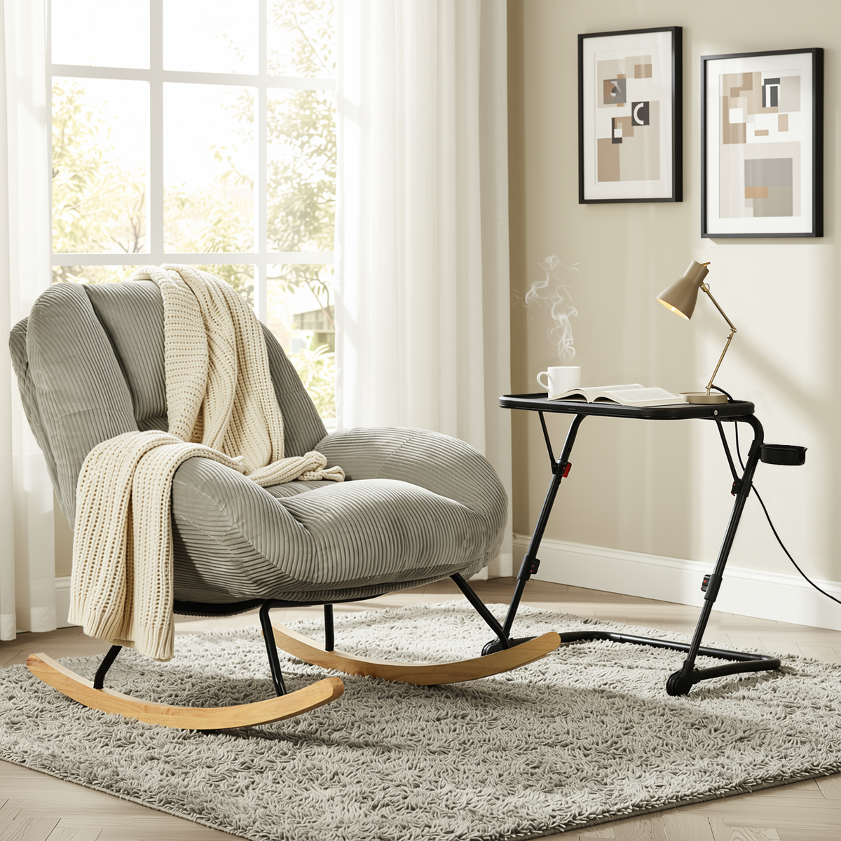 Homy Casa Lithops+Baseline Living Room Furniture Set Grey Corduroy Rocking Chair and Adjustable Black Tray Coffee Table