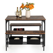 LOMANER 3-Piece Dining Table Set with 2 Benches, Rustic Brown Wood Look and Black Metal Frame, Space-Saving Kitchen Table for 4