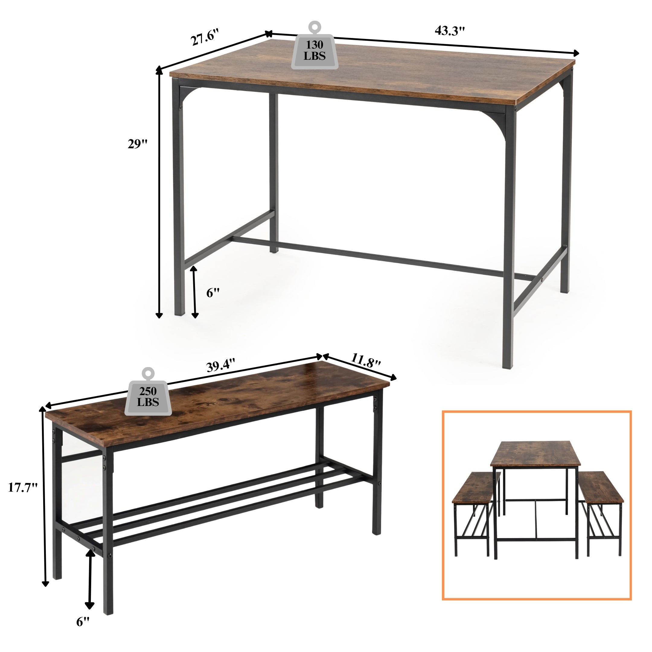 LOMANER 3-Piece Dining Table Set with 2 Benches, Rustic Brown Wood Look and Black Metal Frame, Space-Saving Kitchen Table for 4