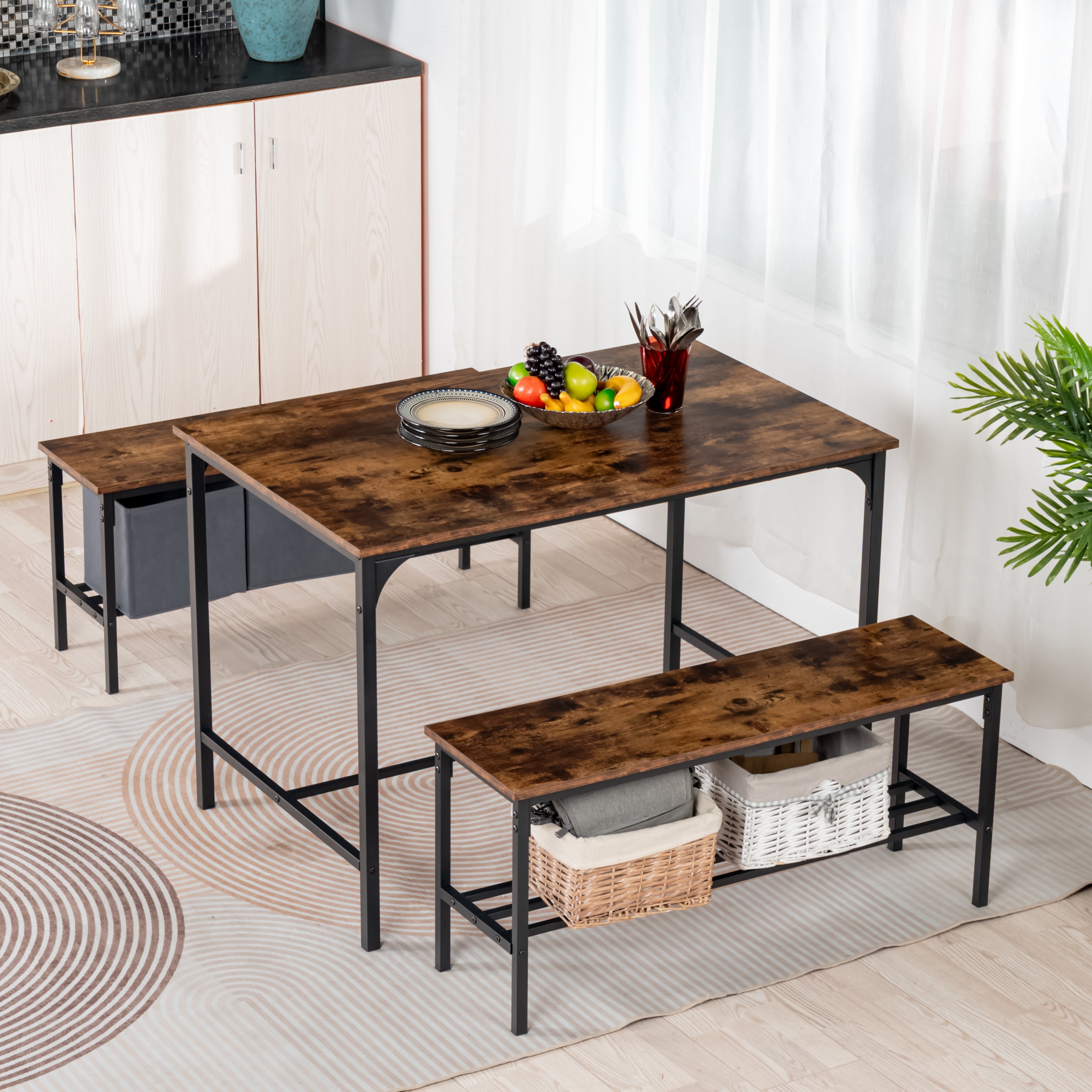 LOMANER 3-Piece Dining Table Set with 2 Benches, Rustic Brown Wood Look and Black Metal Frame, Space-Saving Kitchen Table for 4