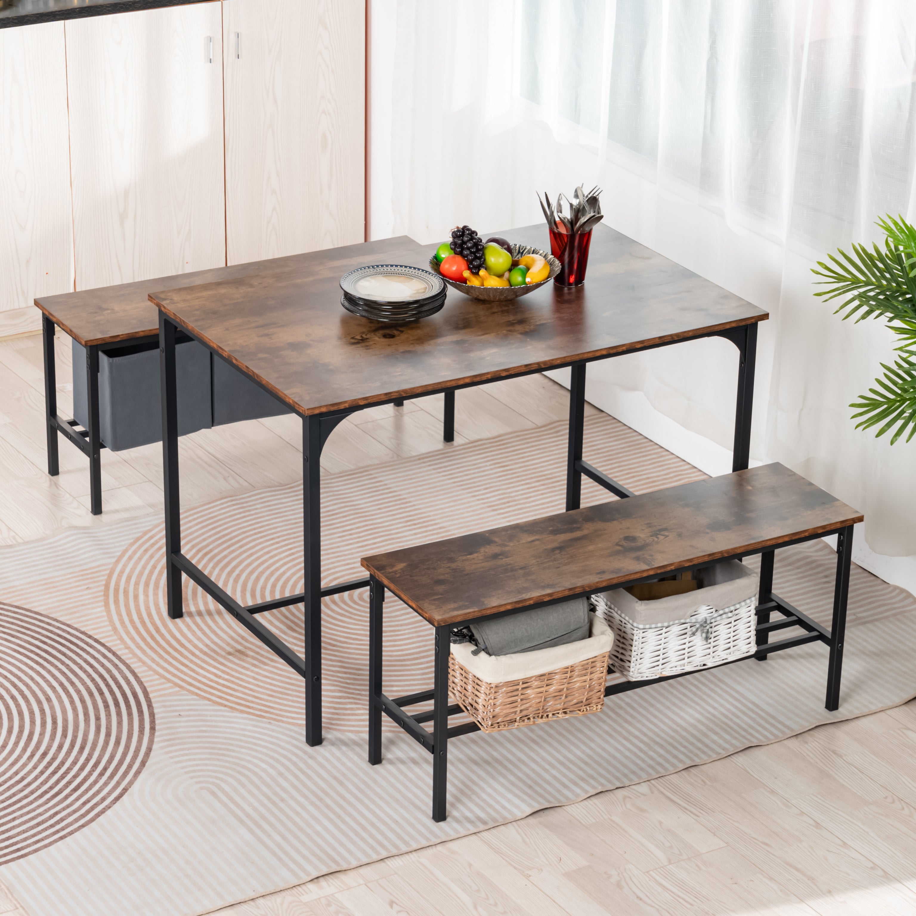 LOMANER 3-Piece Dining Table Set with 2 Benches, Rustic Brown Wood Look and Black Metal Frame, Space-Saving Kitchen Table for 4