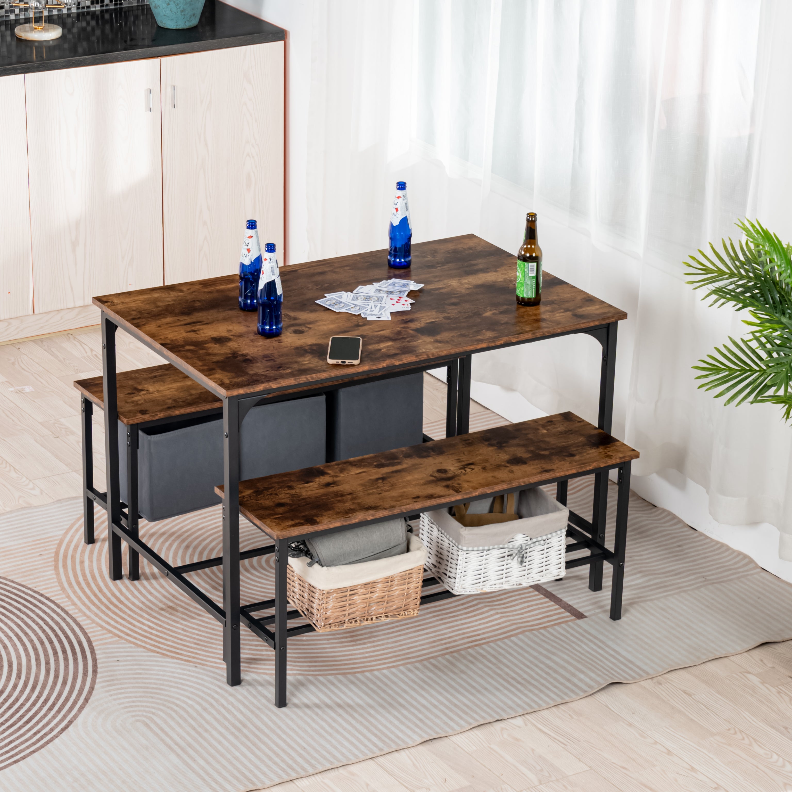 LOMANER 3-Piece Dining Table Set with 2 Benches, Rustic Brown Wood Look and Black Metal Frame, Space-Saving Kitchen Table for 4
