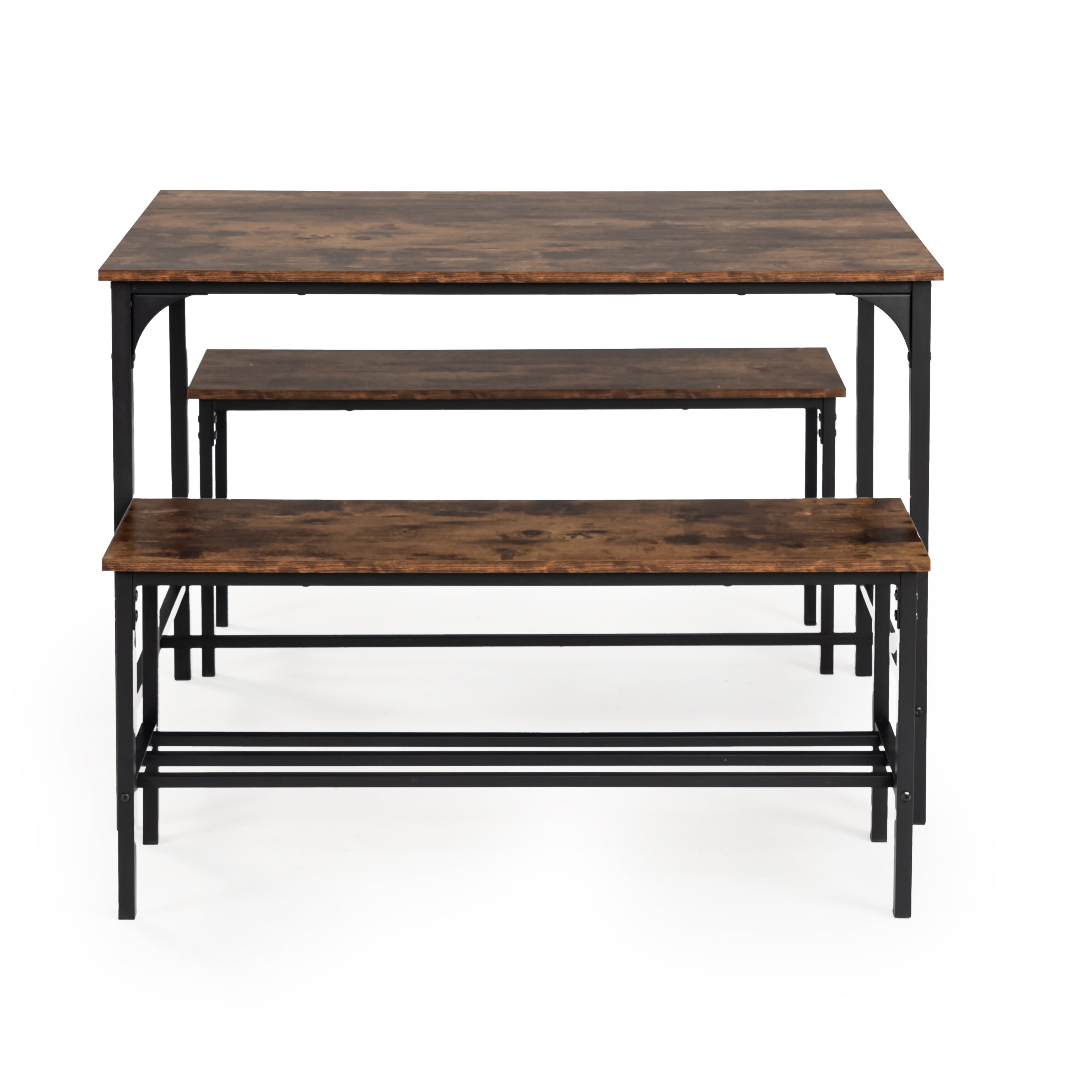 LOMANER 3-Piece Dining Table Set with 2 Benches, Rustic Brown Wood Look and Black Metal Frame, Space-Saving Kitchen Table for 4