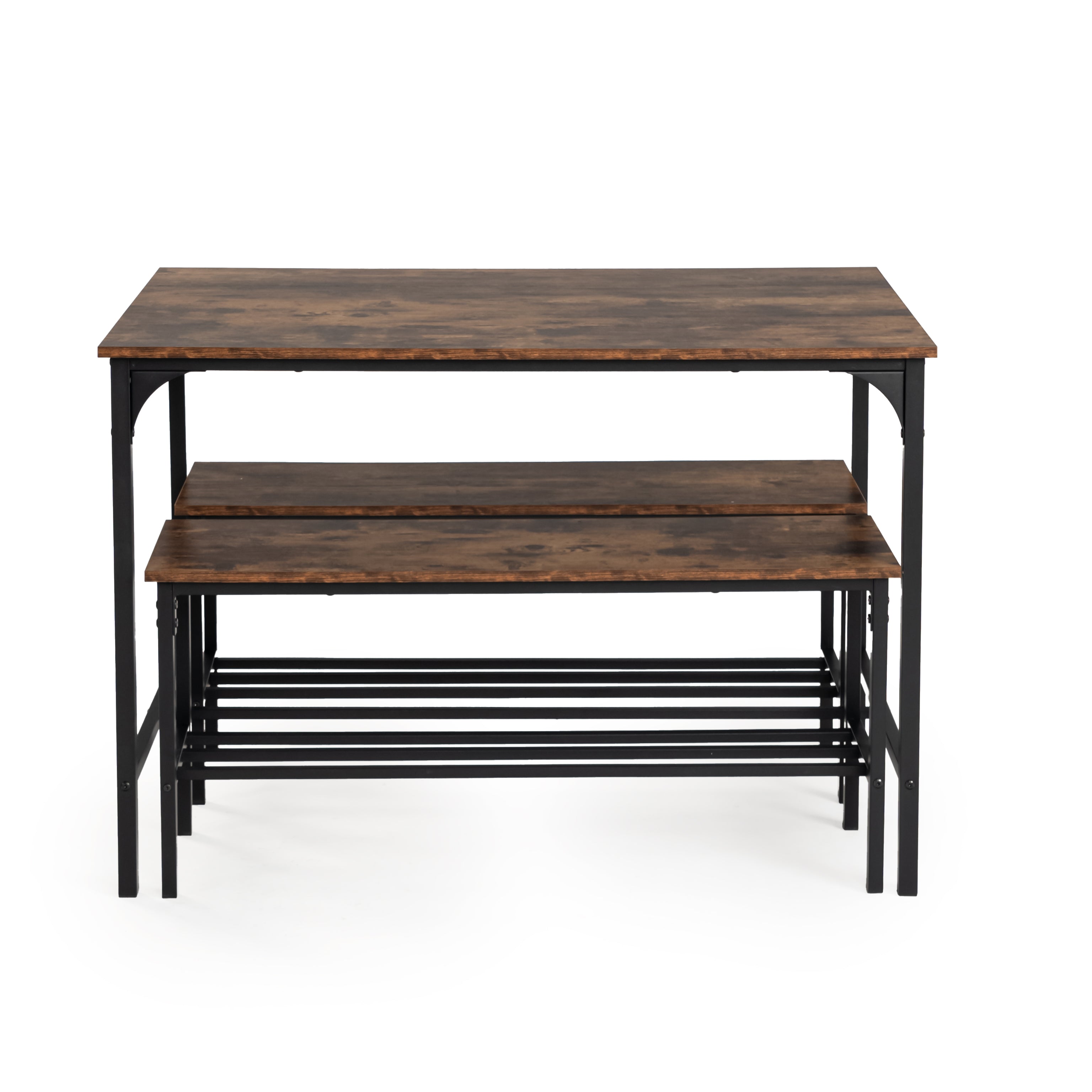 LOMANER 3-Piece Dining Table Set with 2 Benches, Rustic Brown Wood Look and Black Metal Frame, Space-Saving Kitchen Table for 4