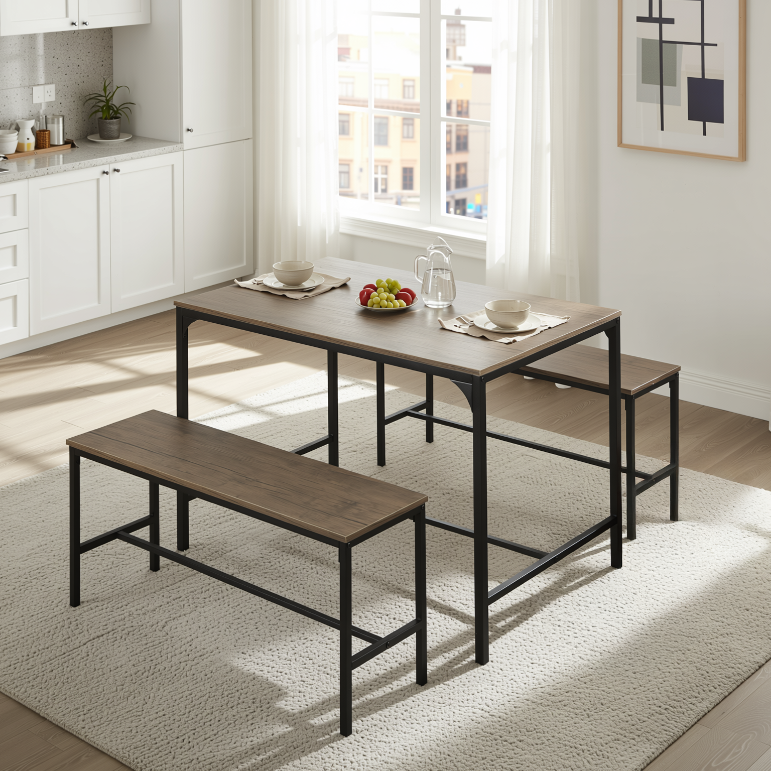 Homy Casa Lomaner 3 Piece Kitchen Dining Table Set 43.3” Table with 2 Benches in Vintage Walnut Finish