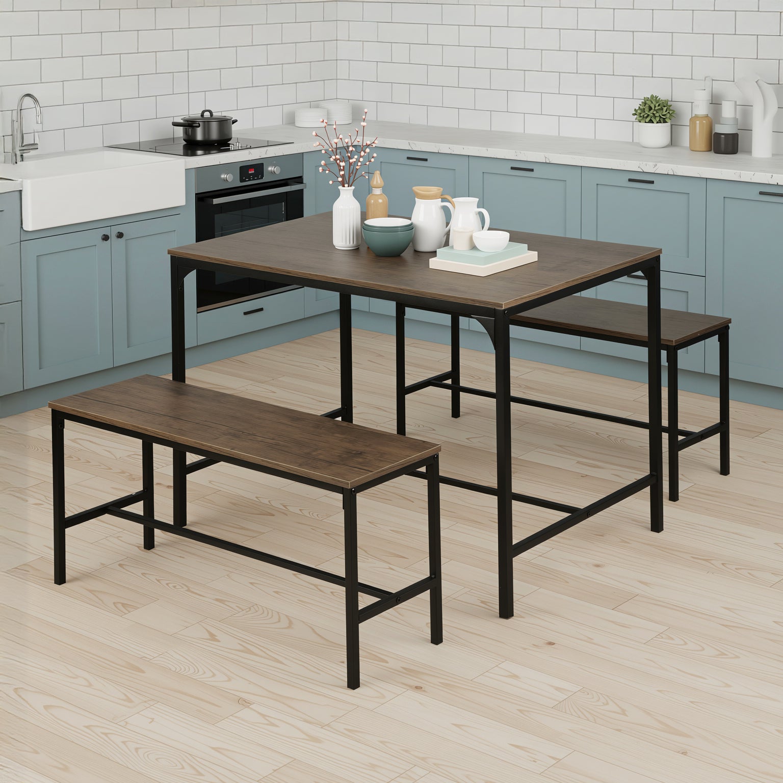 Homy Casa Lomaner 3PC Kitchen Dining Table Set 43.3” Table with 2 Benches in Vintage Walnut Finish