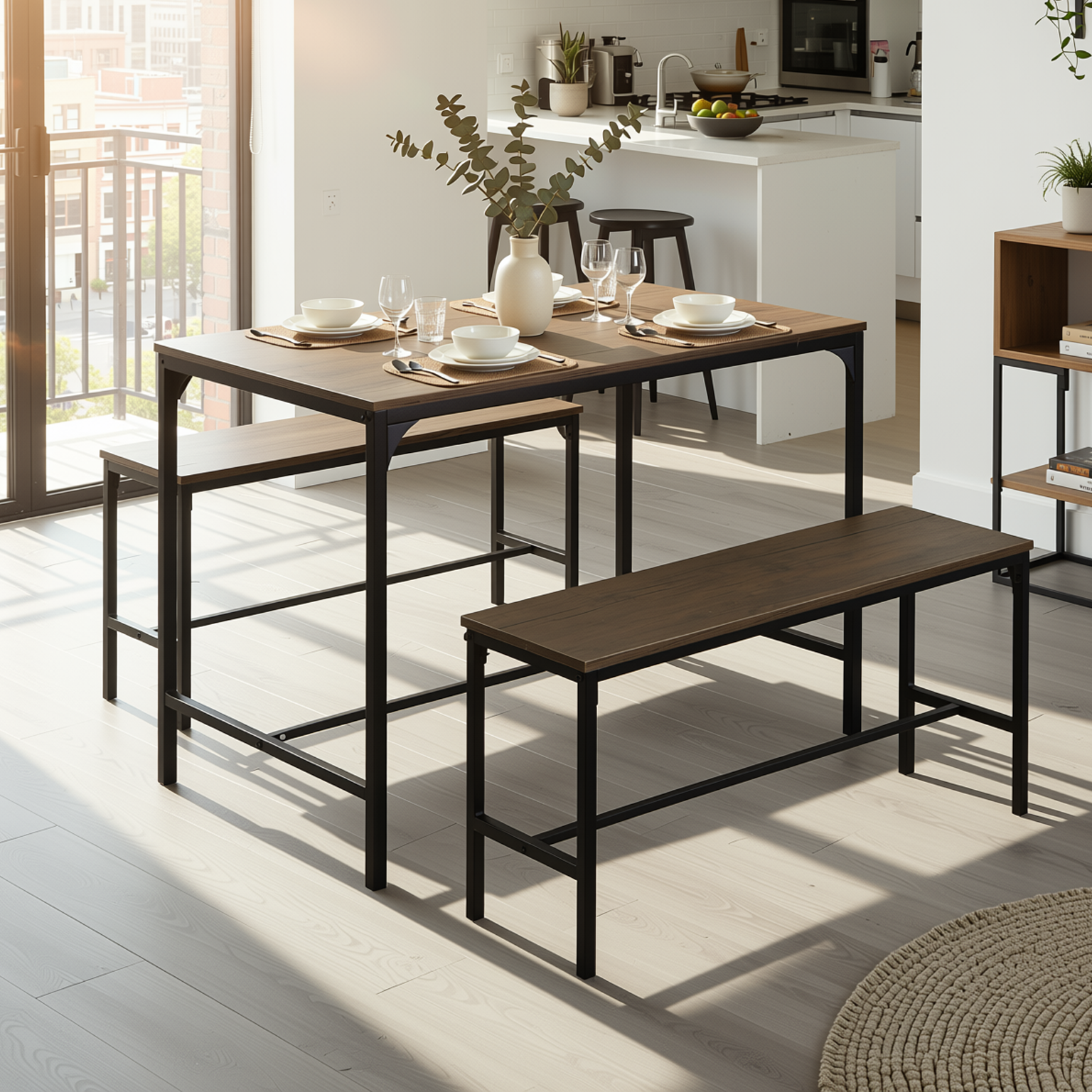 Homy Casa Lomaner 3 Piece Kitchen Dining Table Set 43.3” Table with 2 Benches in Vintage Walnut Finish