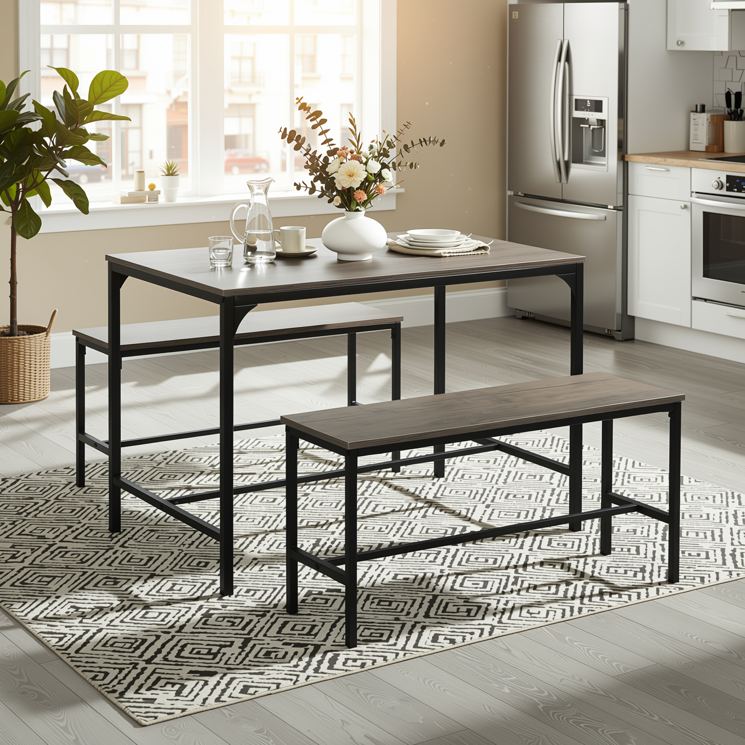 Homy Casa Lomaner 3 Piece Kitchen Dining Table Set 43.3” Table with 2 Benches in Vintage Walnut Finish