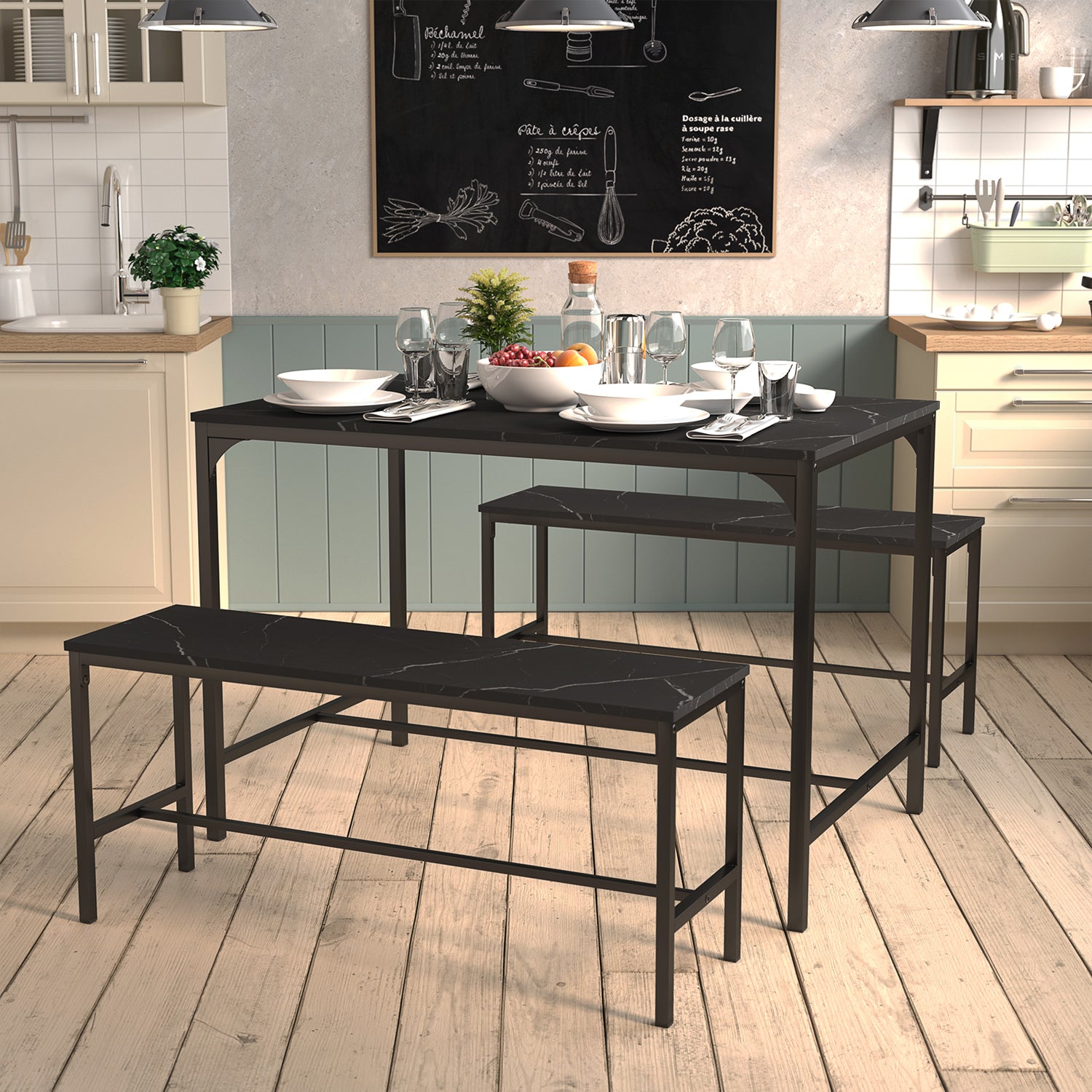 Homy Casa Lomaner 3PC Kitchen Dining Table Set 43.3” Table with 2 Benches in Black Marble Finish