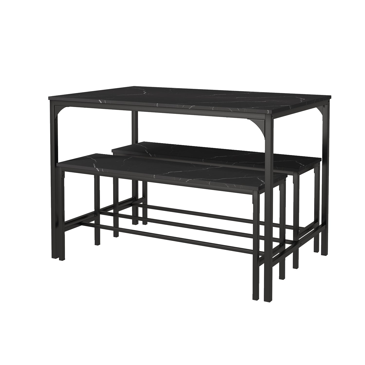 Homy Casa Lomaner 3PC Kitchen Dining Table Set 43.3” Table with 2 Benches in Black Marble Finish