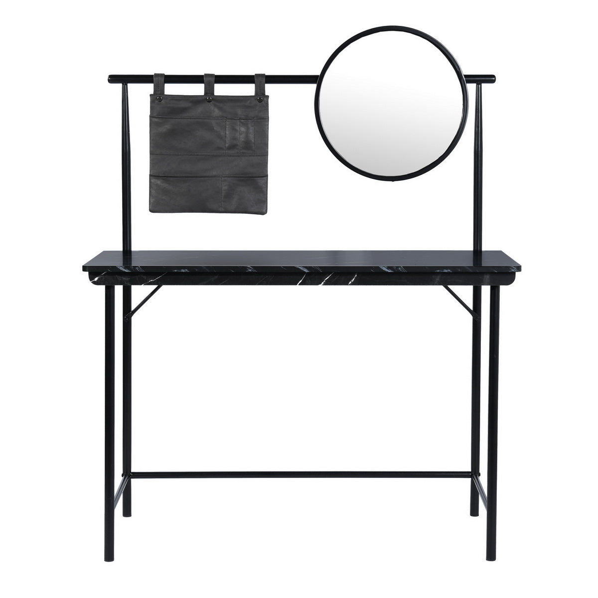 Looney 43.3" Compact Round Mirror Desk Vanity, Marble Finish