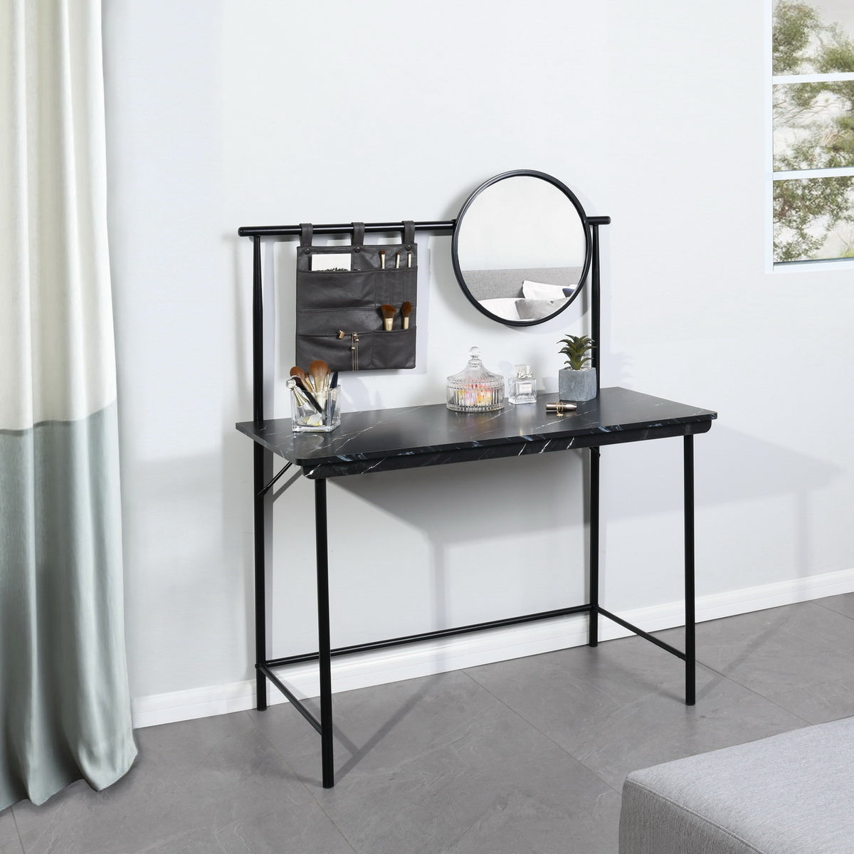 Looney 43.3" Compact Round Mirror Desk Vanity, Marble Finish