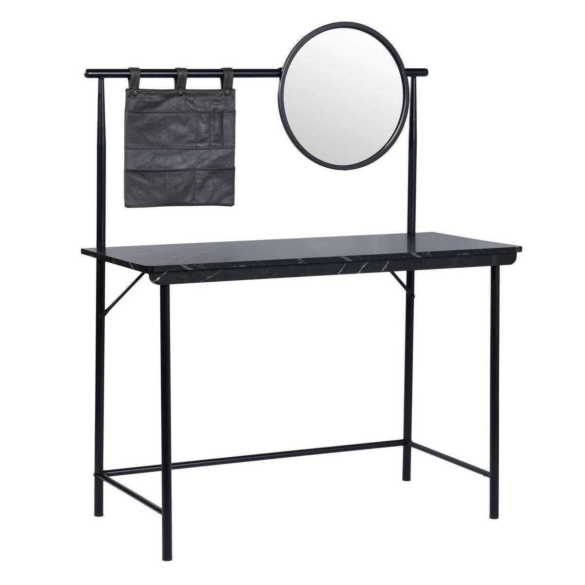 Looney 43.3" Compact Round Mirror Desk Vanity, Marble Finish