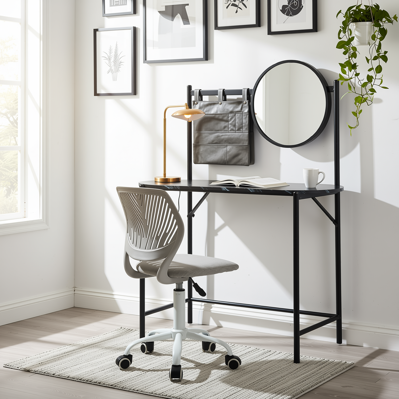 Homy Casa Looney+Carnation Bedroom Vanity Set with Mirror and Grey Office Chair