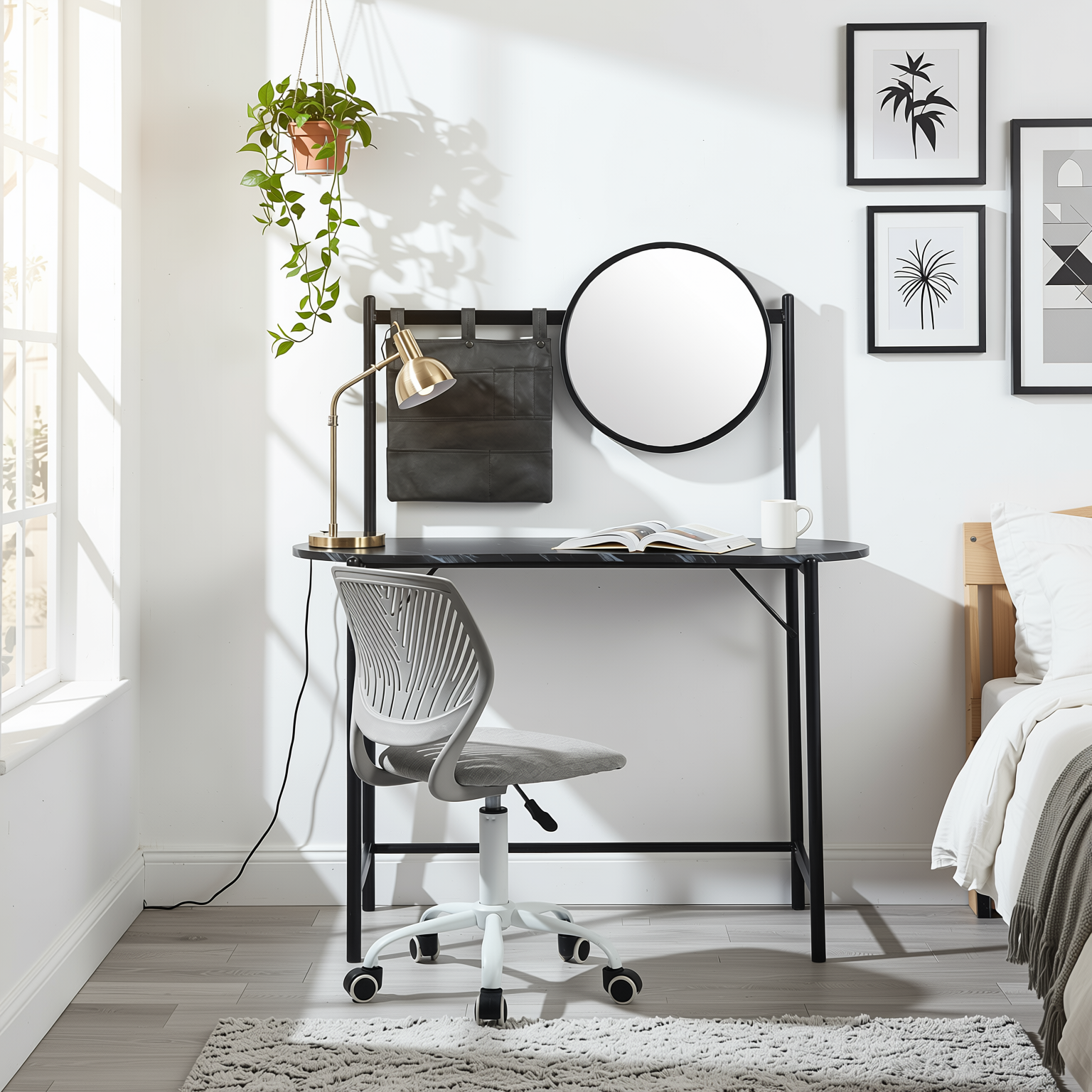 Homy Casa Looney+Carnation Bedroom Vanity Set with Mirror and Grey Office Chair