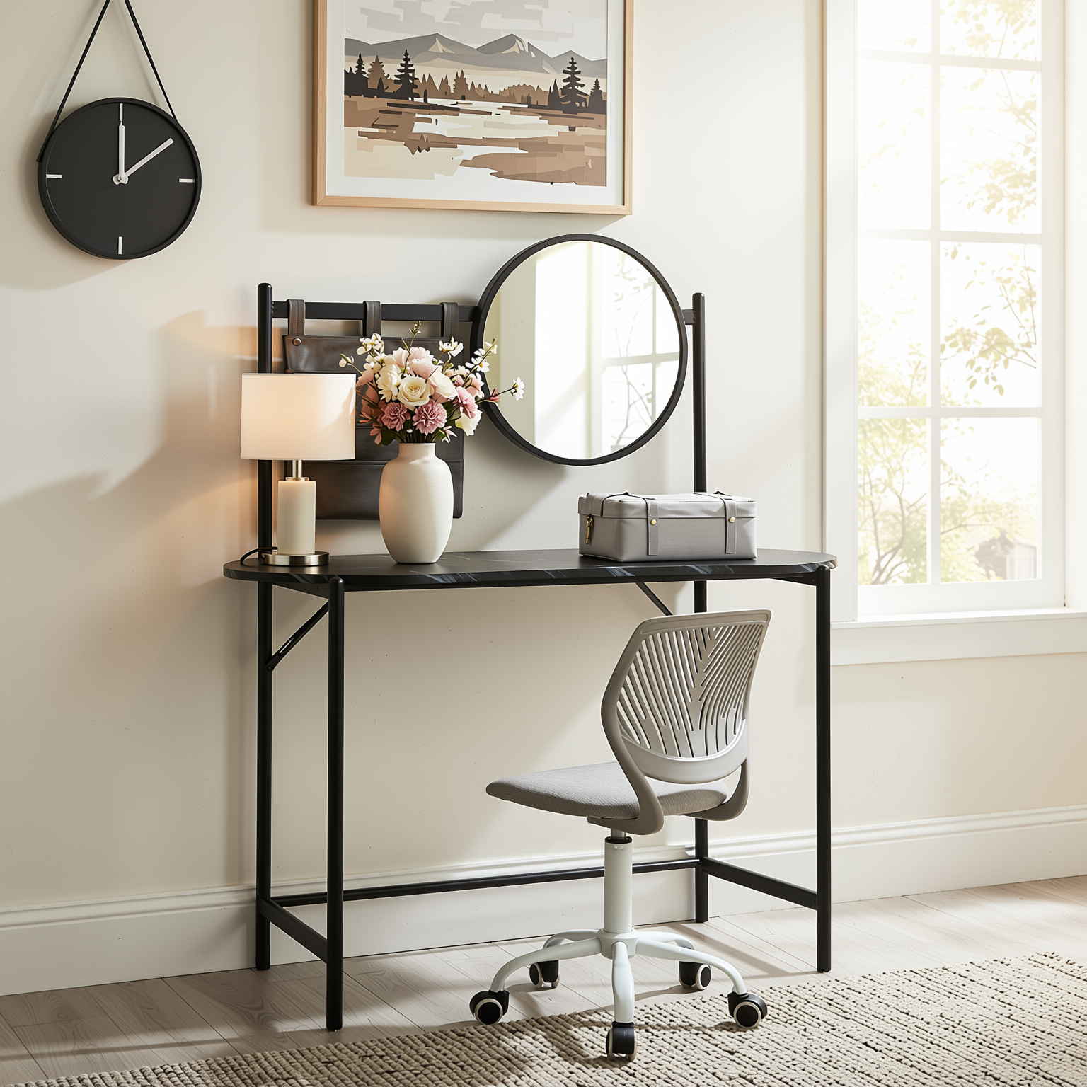 Homy Casa Looney+Carnation Bedroom Vanity Set with Mirror and Grey Office Chair