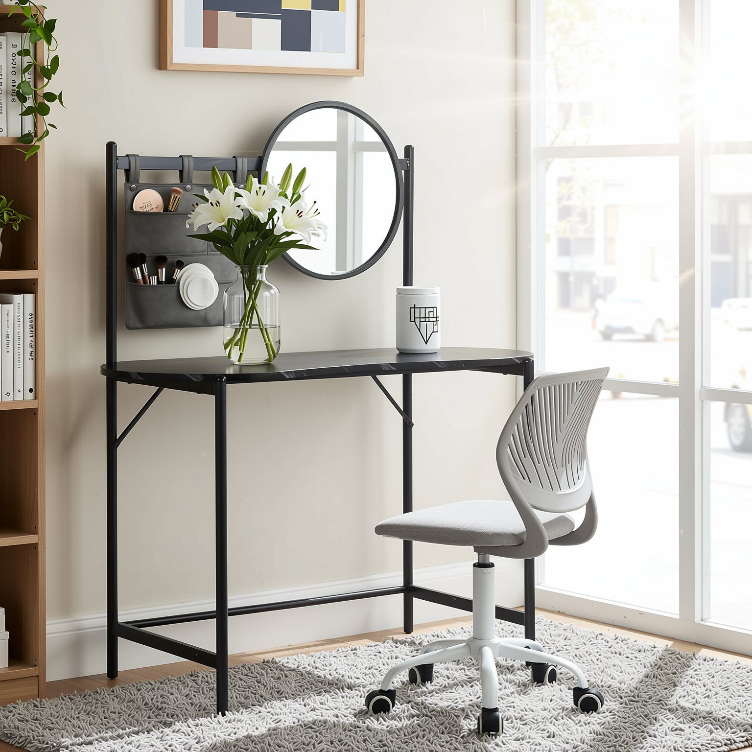 Homy Casa Looney+Carnation Bedroom Vanity Set with Mirror and Grey Office Chair