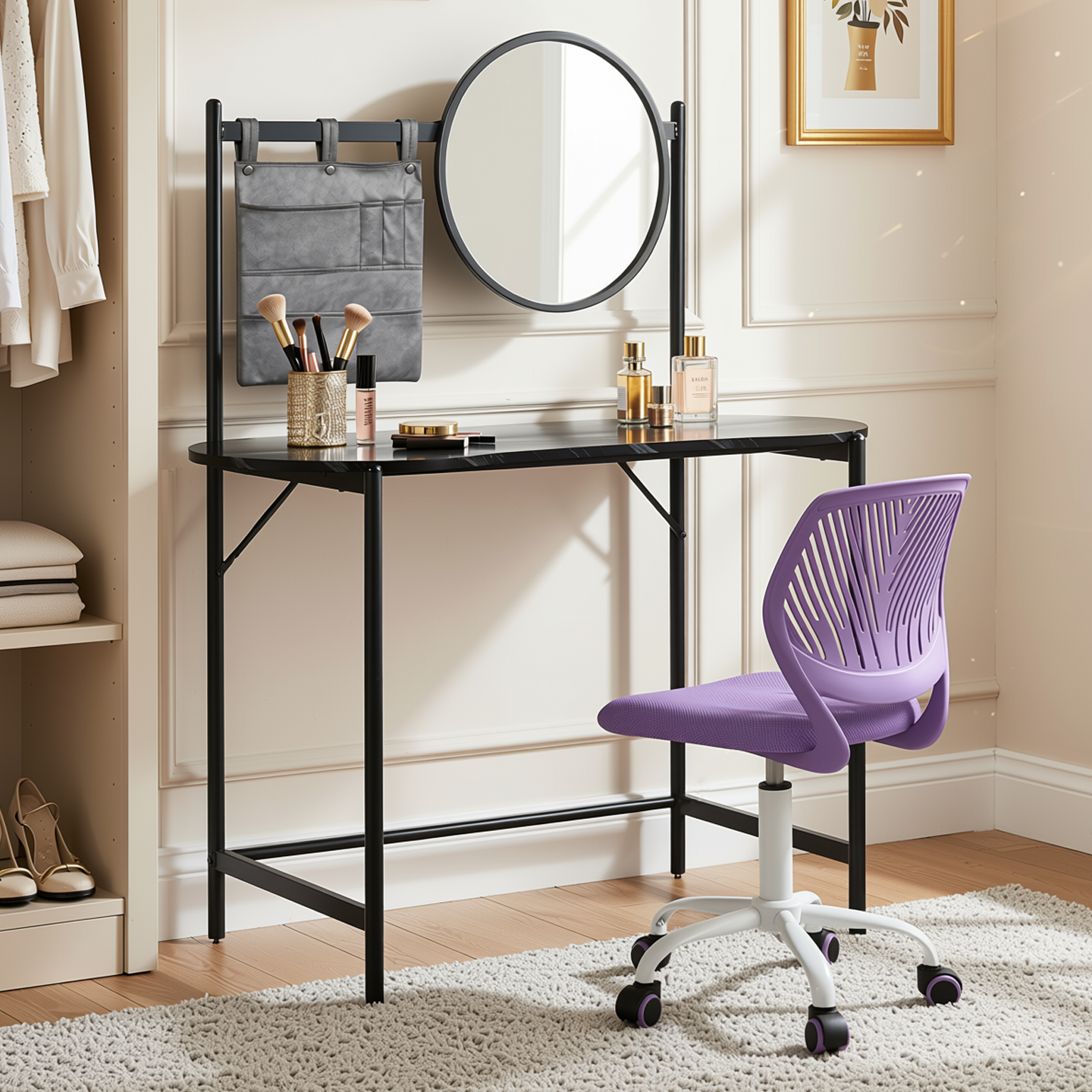 Homy Casa Looney+Carnation Bedroom Vanity Set with Mirror and Purple Office Chair