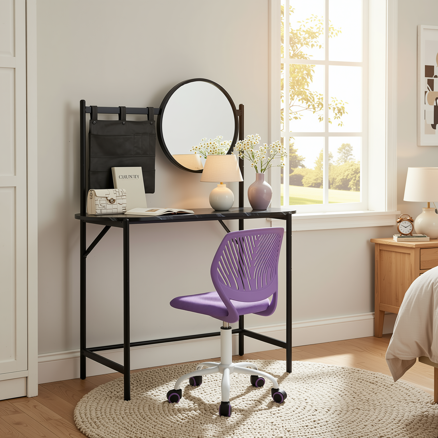 Homy Casa Looney+Carnation Bedroom Vanity Set with Mirror and Purple Office Chair