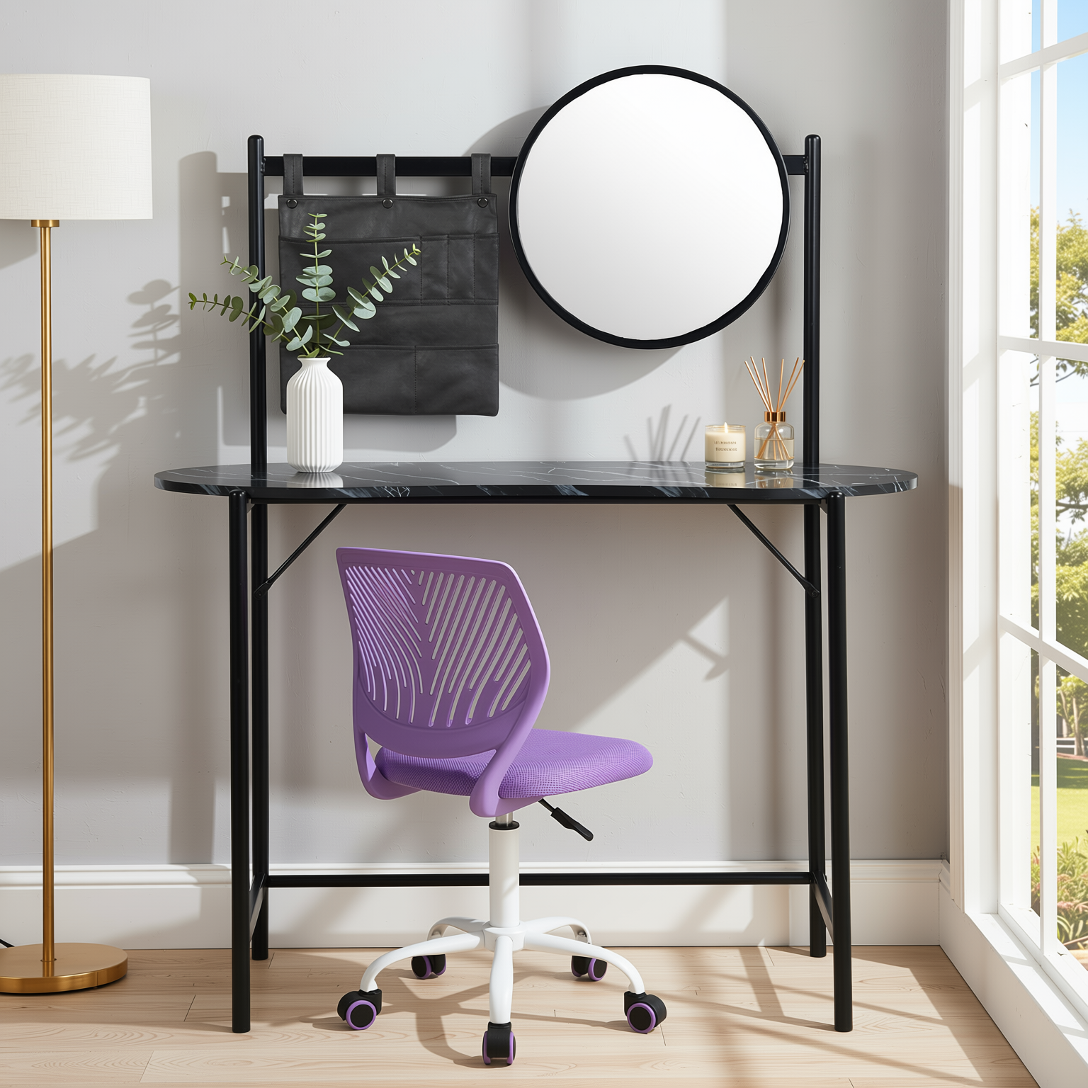 Homy Casa Looney+Carnation Bedroom Vanity Set with Mirror and Purple Office Chair