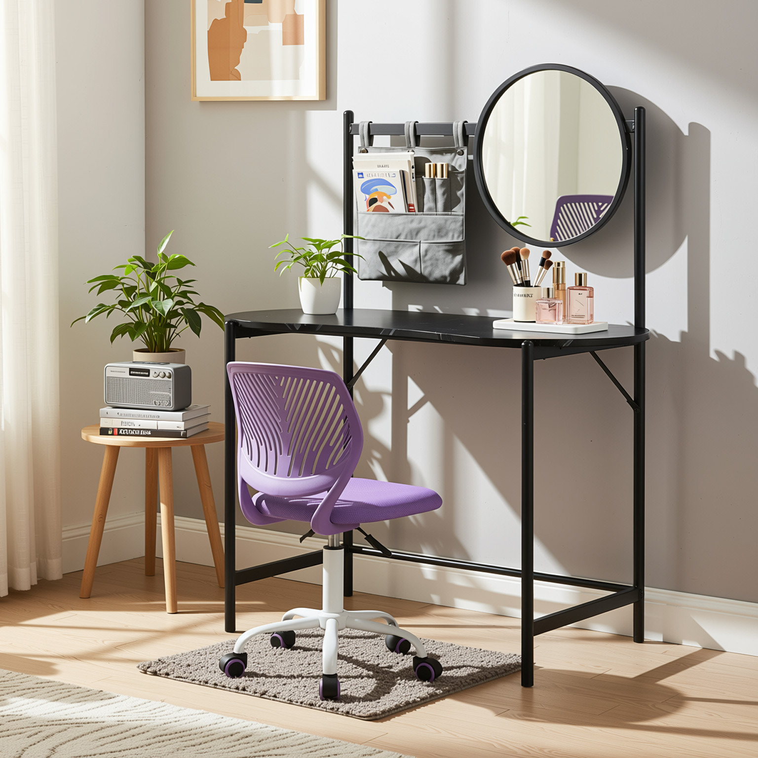 Homy Casa Looney+Carnation Bedroom Vanity Set with Mirror and Purple Office Chair
