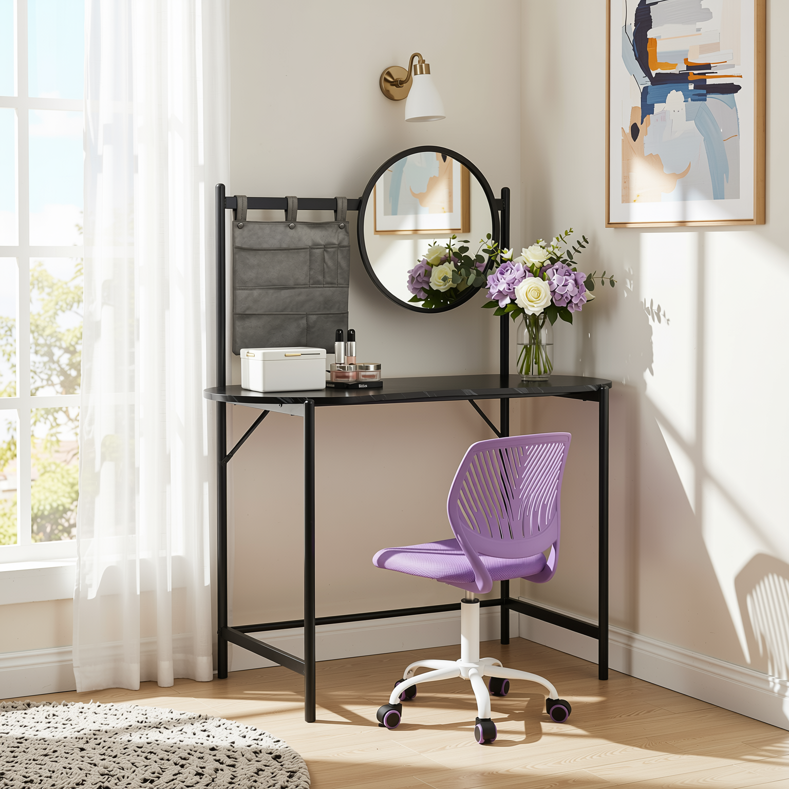 Homy Casa Looney+Carnation Bedroom Vanity Set with Mirror and Purple Office Chair