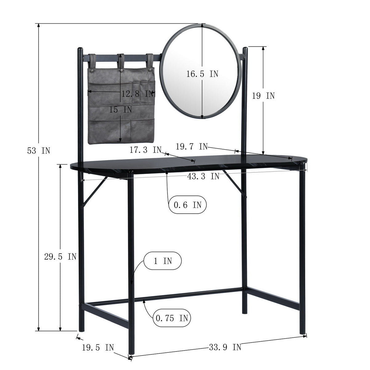 Looney 43.3" Compact Round Mirror Desk Vanity, Marble Finish