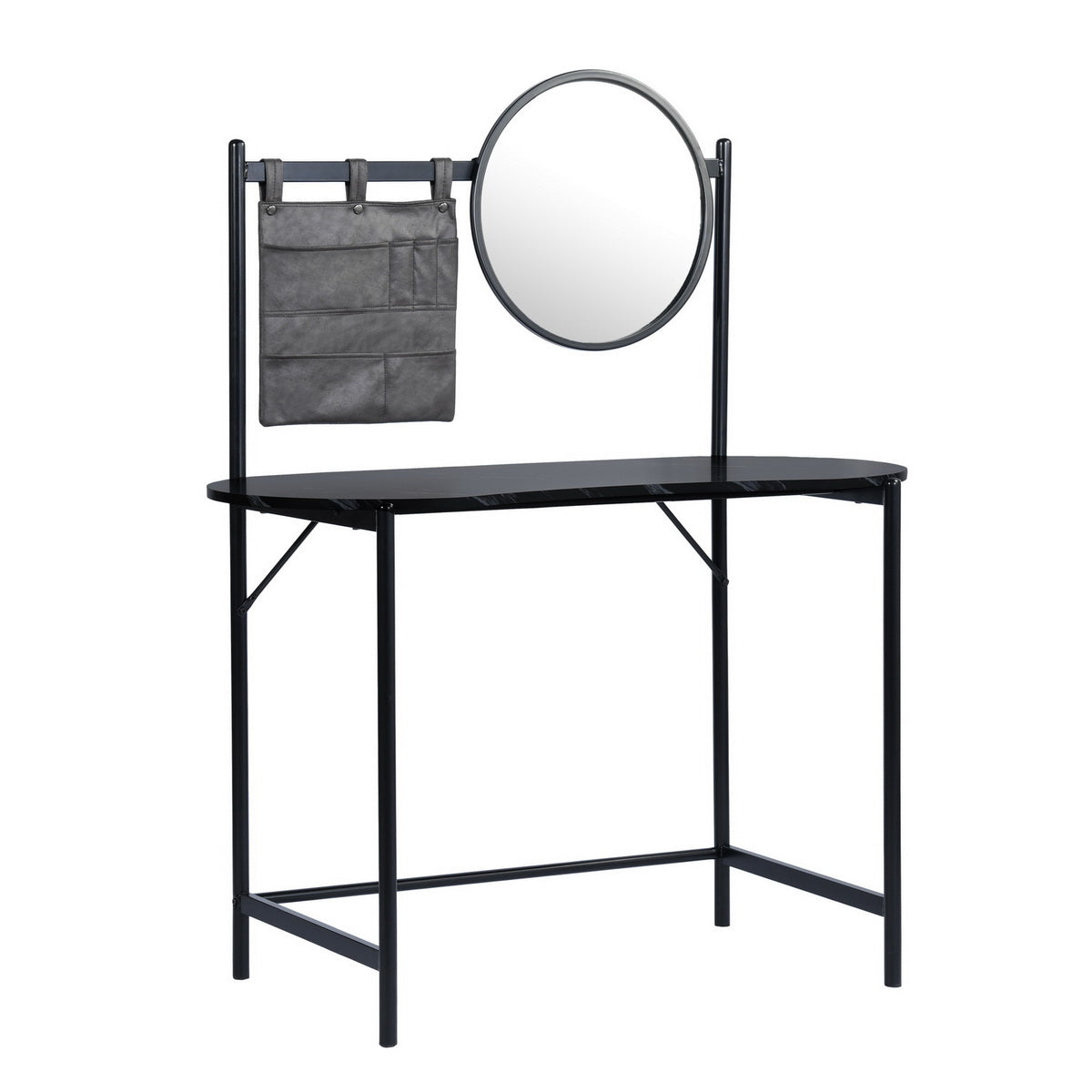 Looney 43.3" Compact Round Mirror Desk Vanity, Marble Finish